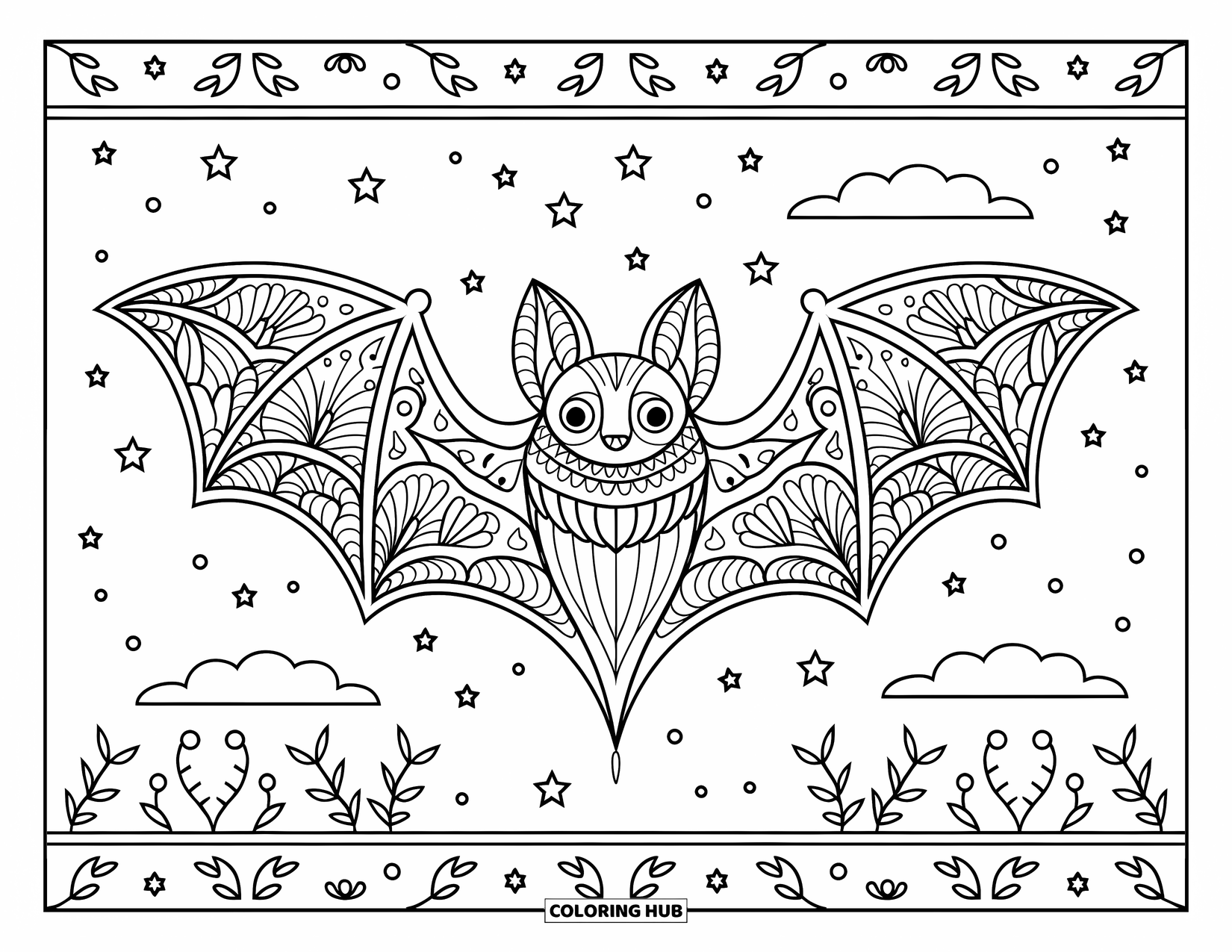 Kolorowanka na Halloween dla dorosłych: Nietoperz ze skomplikowanymi skrzydłami szybuje przez gwiaździstą noc, otoczony wirującymi dekoracyjnymi obramowaniami