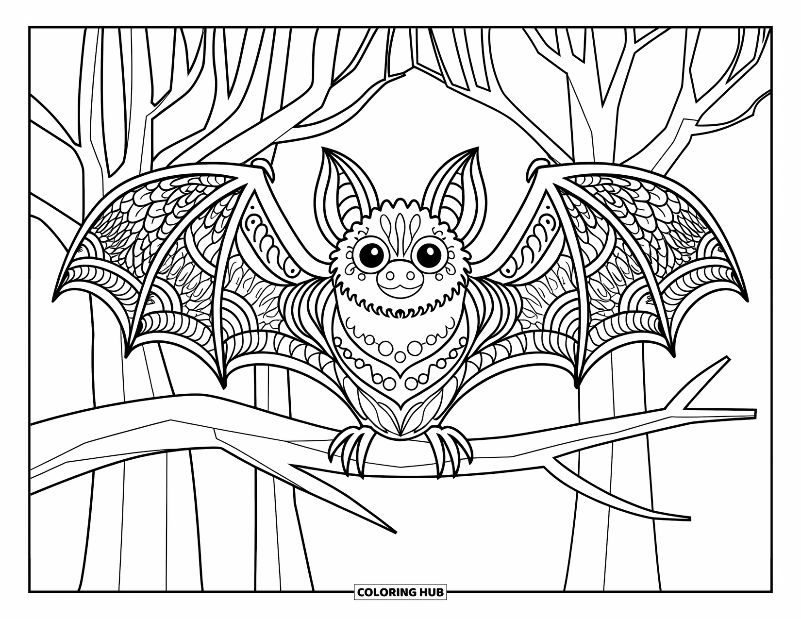 Kolorowanka na Halloween dla dorosłych: Nietoperz ze skrzydłami we wzór mandali siedzi na gałęzi w oświetlonym księżycem lesie