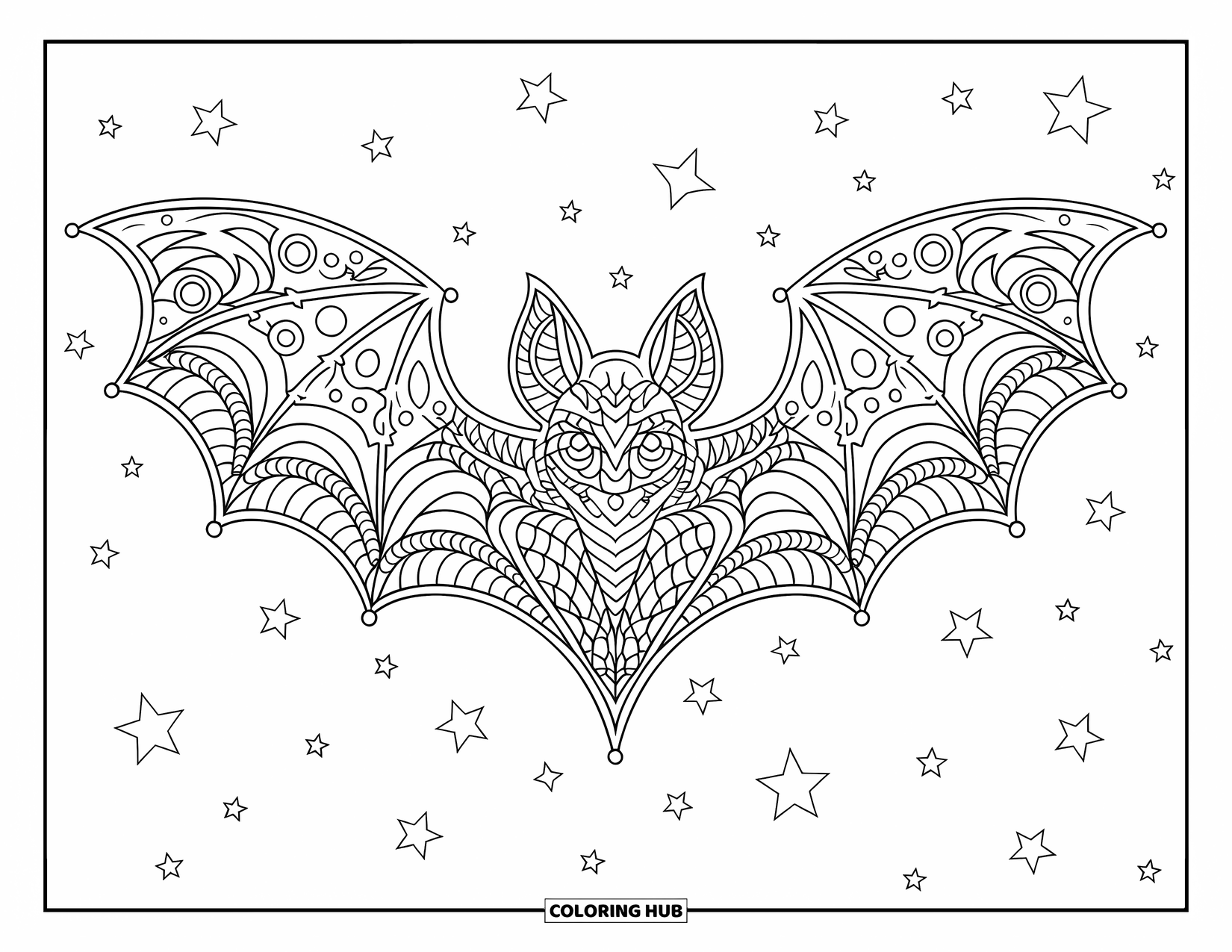 Kolorowanka na Halloween dla dorosłych: Nietoperz ze wzorzystymi skrzydłami rozpościera skrzydła pod świecącym księżycem i wirującymi chmurami