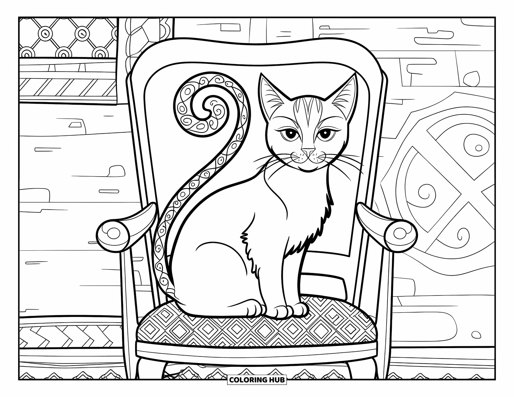 Kolorowanka na Halloween dla dorosłych: Kot ze skomplikowanym zakręconym ogonem spoczywa na drewnianym krześle w przytulnym rustykalnym otoczeniu