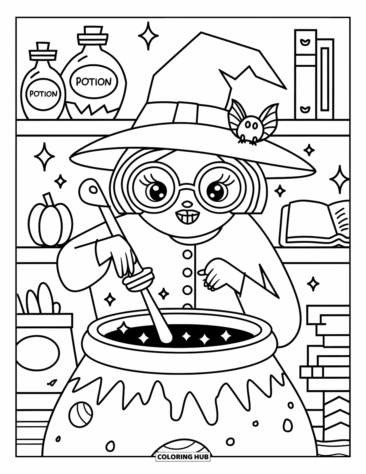 Kolorowanka na Halloween dla dorosłych: Kocioł bulgoczący magią, z pływającymi iskierkami i starannie ułożonymi butelkami z eliksirami