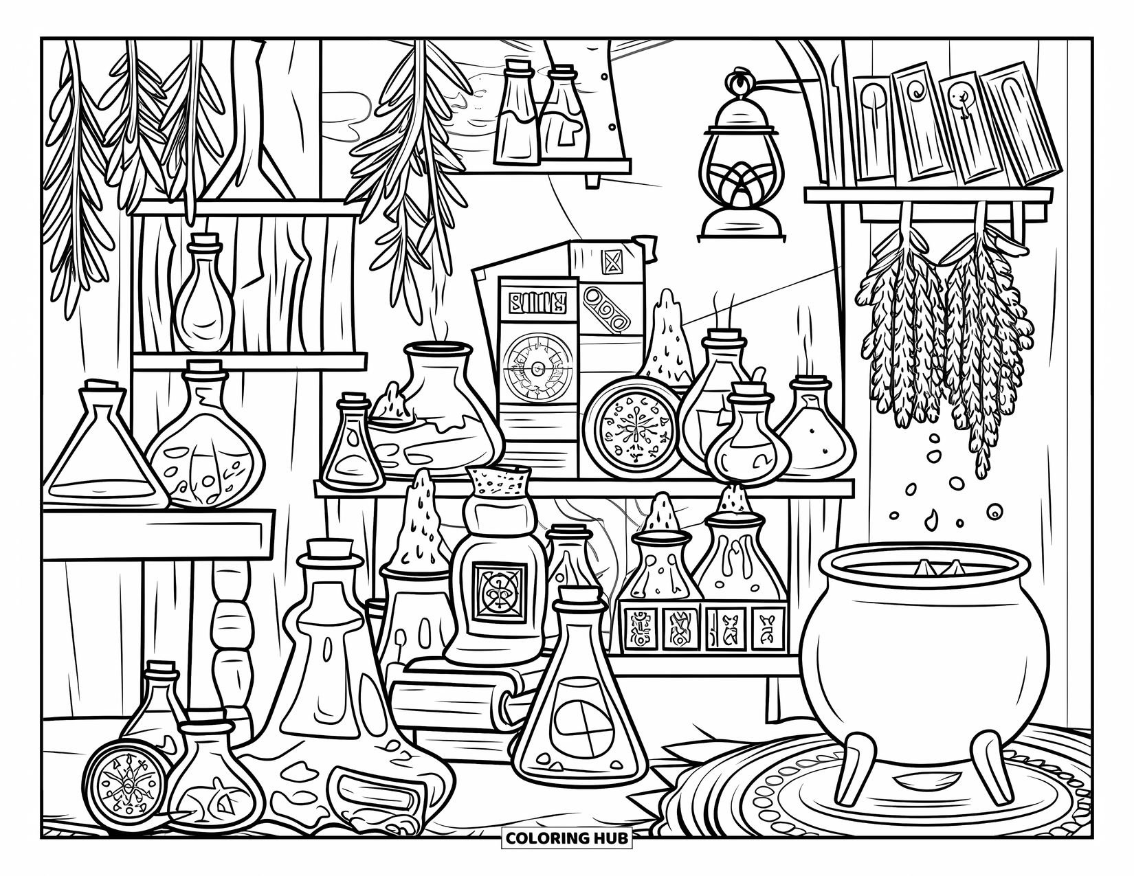 Kolorowanka na Halloween dla dorosłych: Przytulna apteka ze świecącymi eliksirami, wiszącymi ziołami i starym drewnianym stołem z zaklęciami