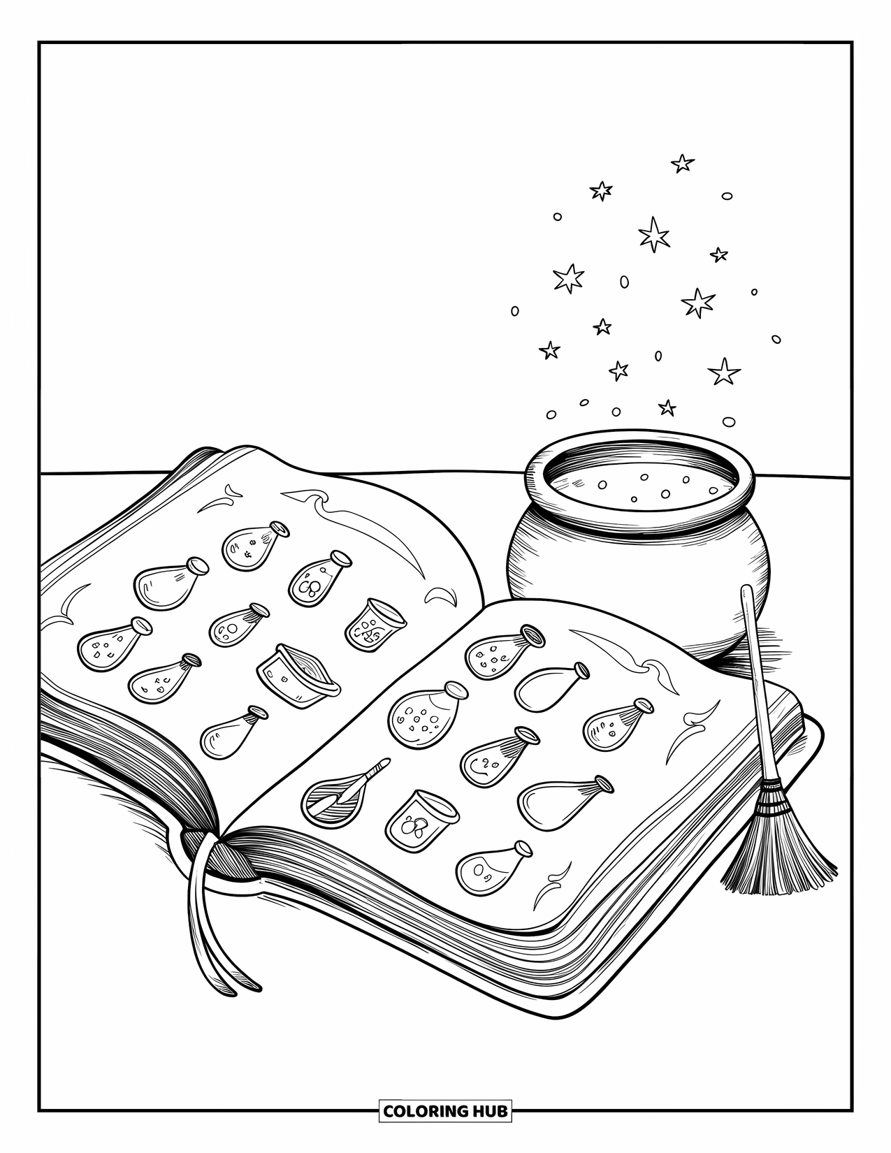 Kolorowanka na Halloween dla dorosłych: Przytulny stół z księgą zaklęć, małym kotłem i zabawnymi magicznymi detalami