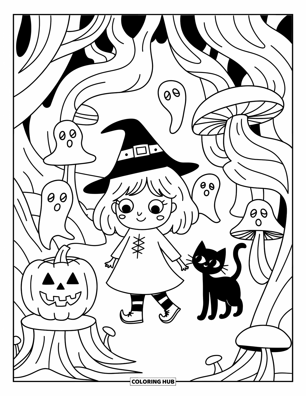 Kolorowanka na Halloween dla dorosłych: Ciekawski mały duszek wygląda zza świecącego grzyba w magicznym, pokręconym lesie