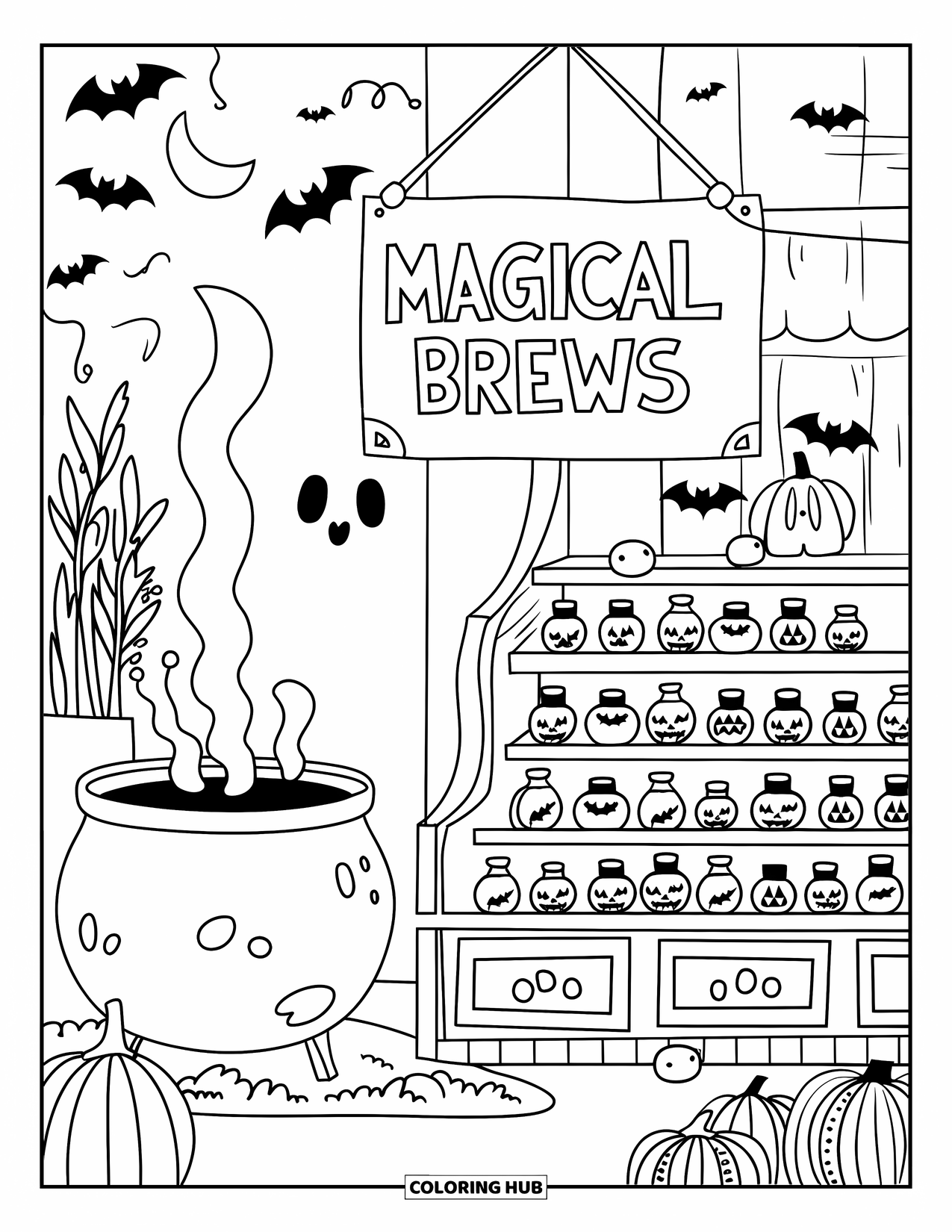 Kolorowanka na Halloween dla dorosłych: Urocza ekspozycja magicznych eliksirów, małych dyń i bulgoczącego kotła w przytulnym sklepie