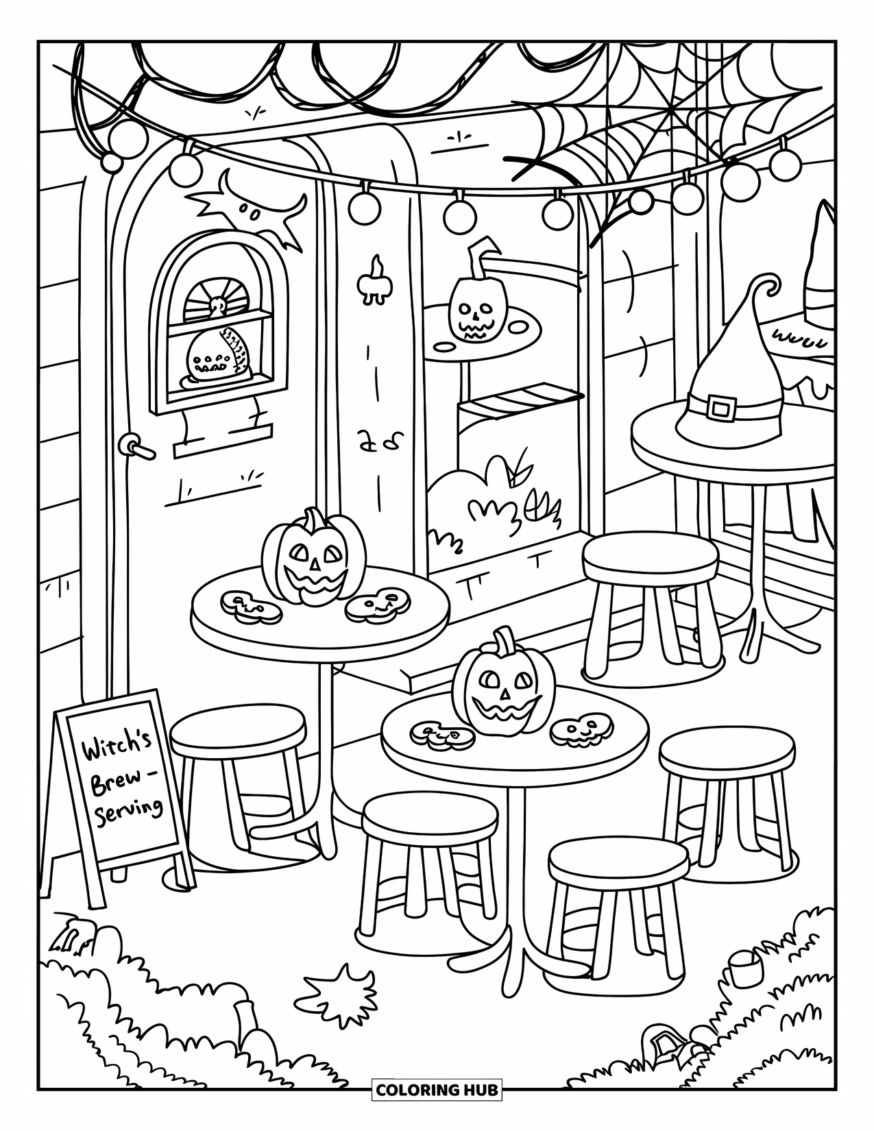 Kolorowanka na Halloween dla dorosłych: Urocza kawiarnia na Halloween z tematycznymi deserami, świecącymi światłami i uroczym małym szyldem