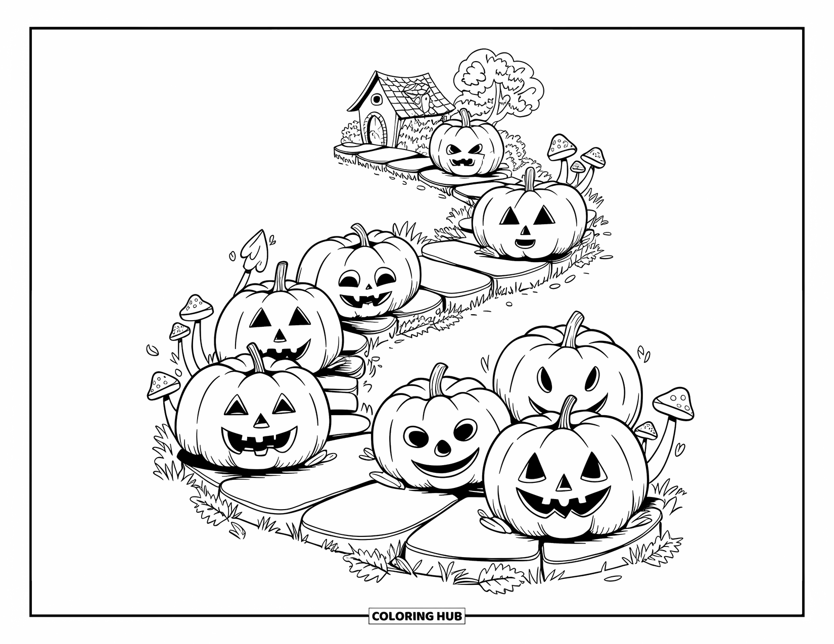 Kolorowanka na Halloween dla dorosłych: Urocza ścieżka wypełniona szczęśliwymi dyniami Jack-o'-lantern, małymi grzybami i rozrzuconymi jesiennymi liśćmi