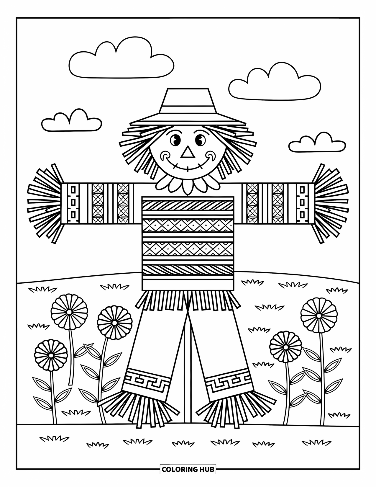 Kolorowanka na Halloween dla dorosłych: Szczegółowy strach na wróble ze wzorzystymi słomianymi kończynami stoi wśród kwitnących kwiatów pod pochmurnym niebem