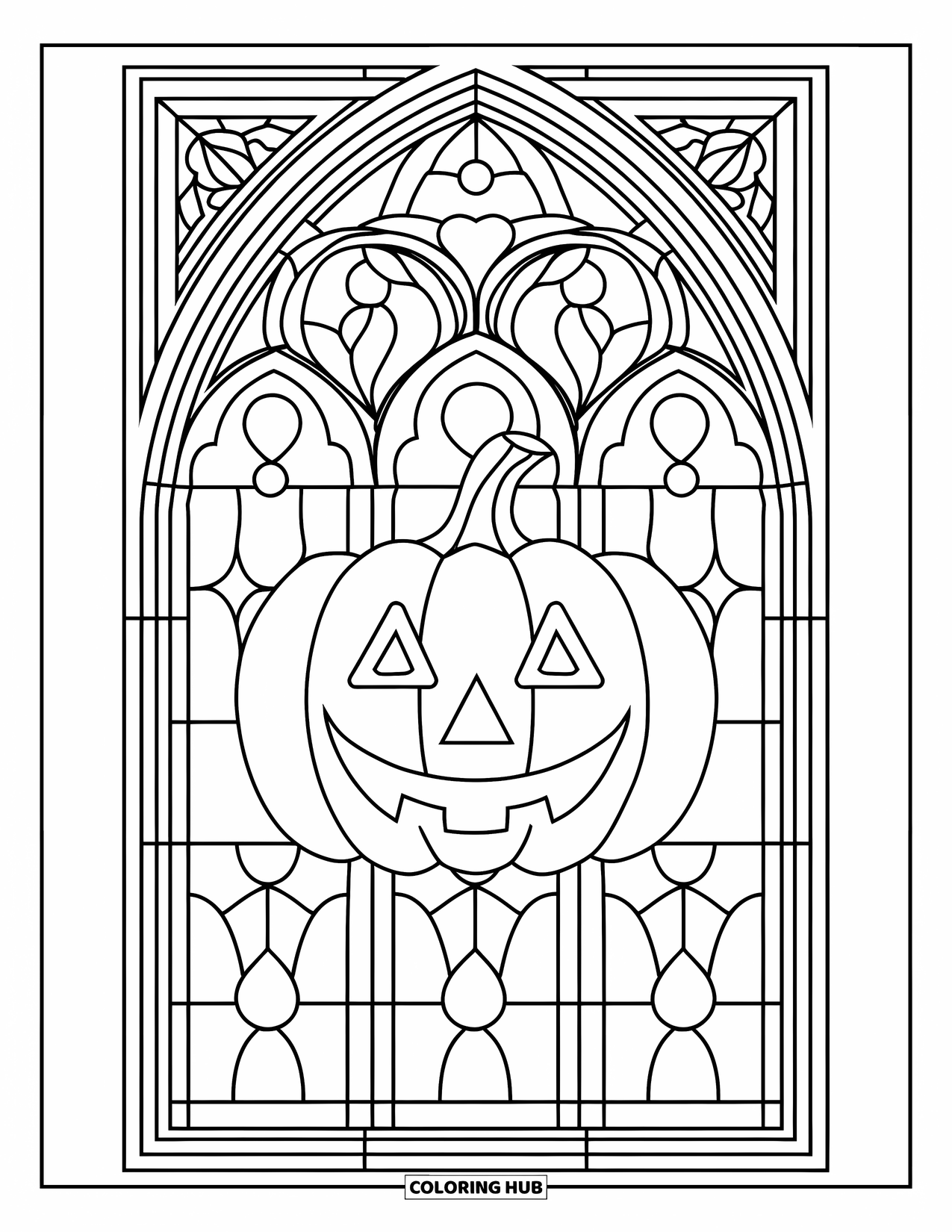 Kolorowanka na Halloween dla dorosłych: Szczegółowe witraże z uśmiechniętą dynią Jack-o'-lantern i wirującymi gotyckimi wzorami