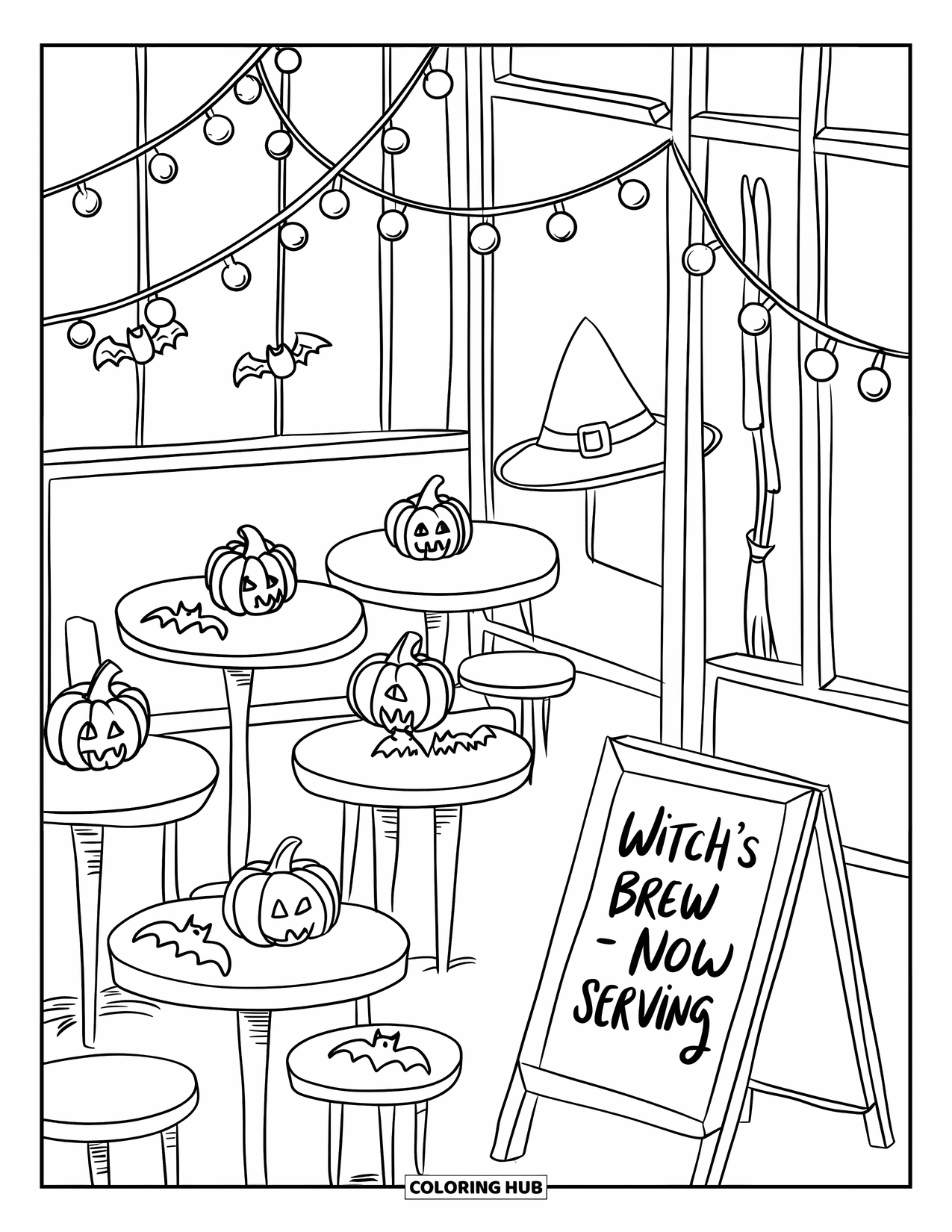 Kolorowanka na Halloween dla dorosłych: Świąteczna scena w kawiarni z ciasteczkami w kształcie nietoperzy, dyniowymi czajniczkami i przytulną scenerią na zewnątrz