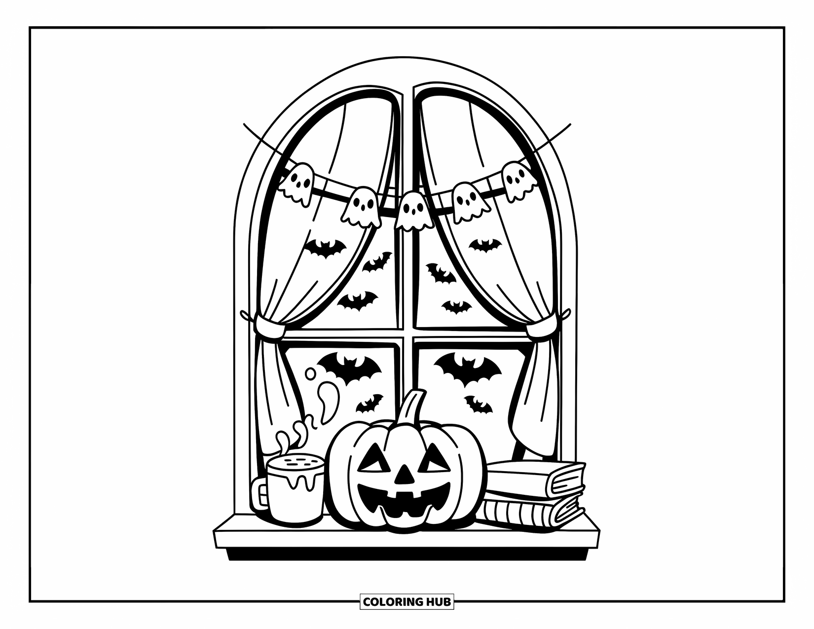 Kolorowanka na Halloween dla dorosłych: Świąteczne okno na Halloween ze świecącą dynią, małymi nietoperzami i przytulną filiżanką kakao