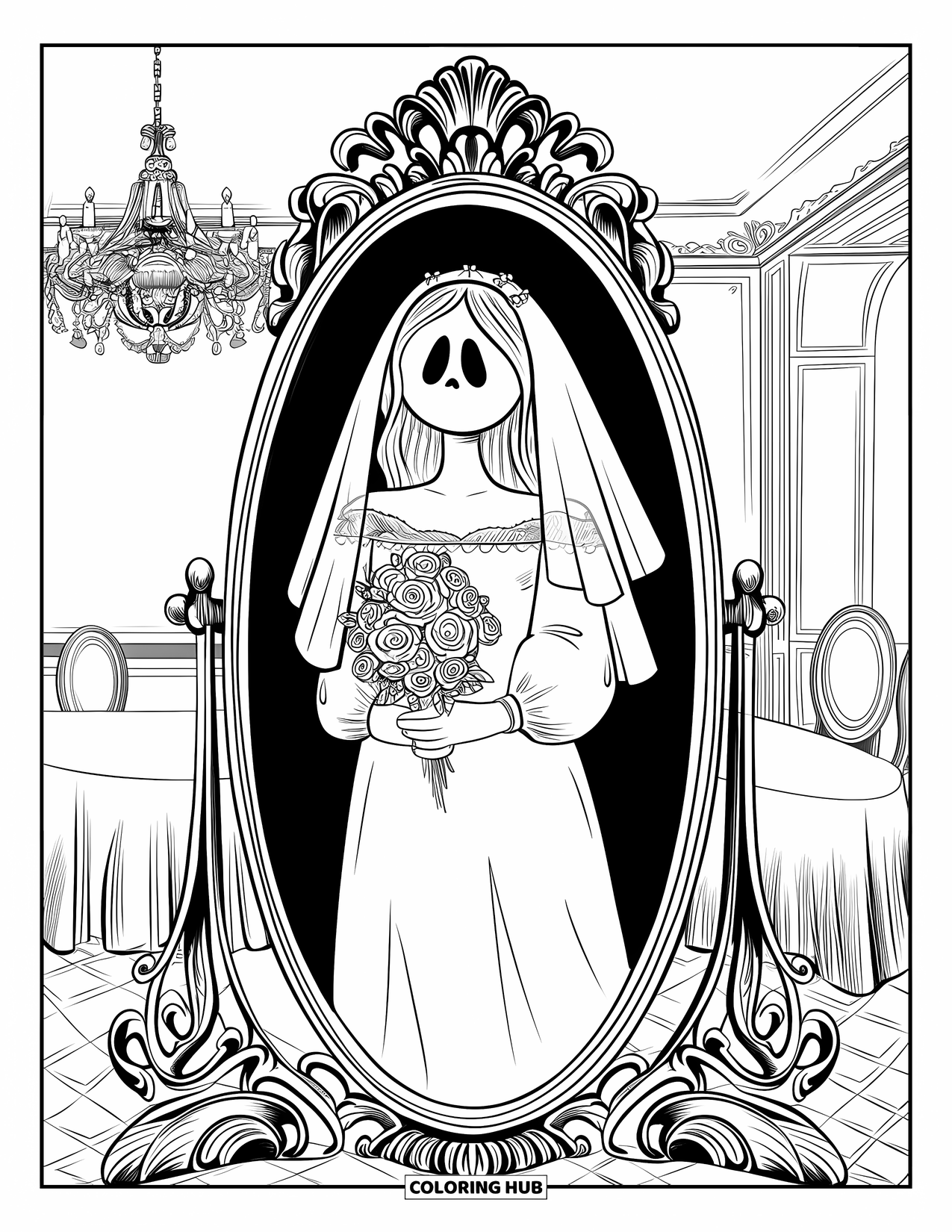 Kolorowanka na Halloween dla dorosłych: Panna młoda-duch z płynącą koronką wyłania się z ozdobnego wiktoriańskiego lustra w słabo oświetlonym pokoju