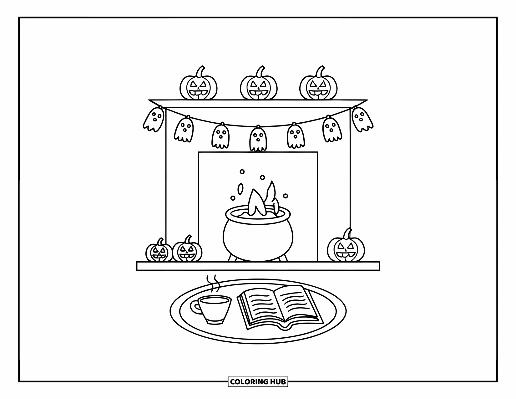 Kolorowanka na Halloween dla dorosłych: Kominek na Halloween z dyniami jack-o'-lantern, bulgoczącym kotłem i przytulnym zestawem księgi zaklęć