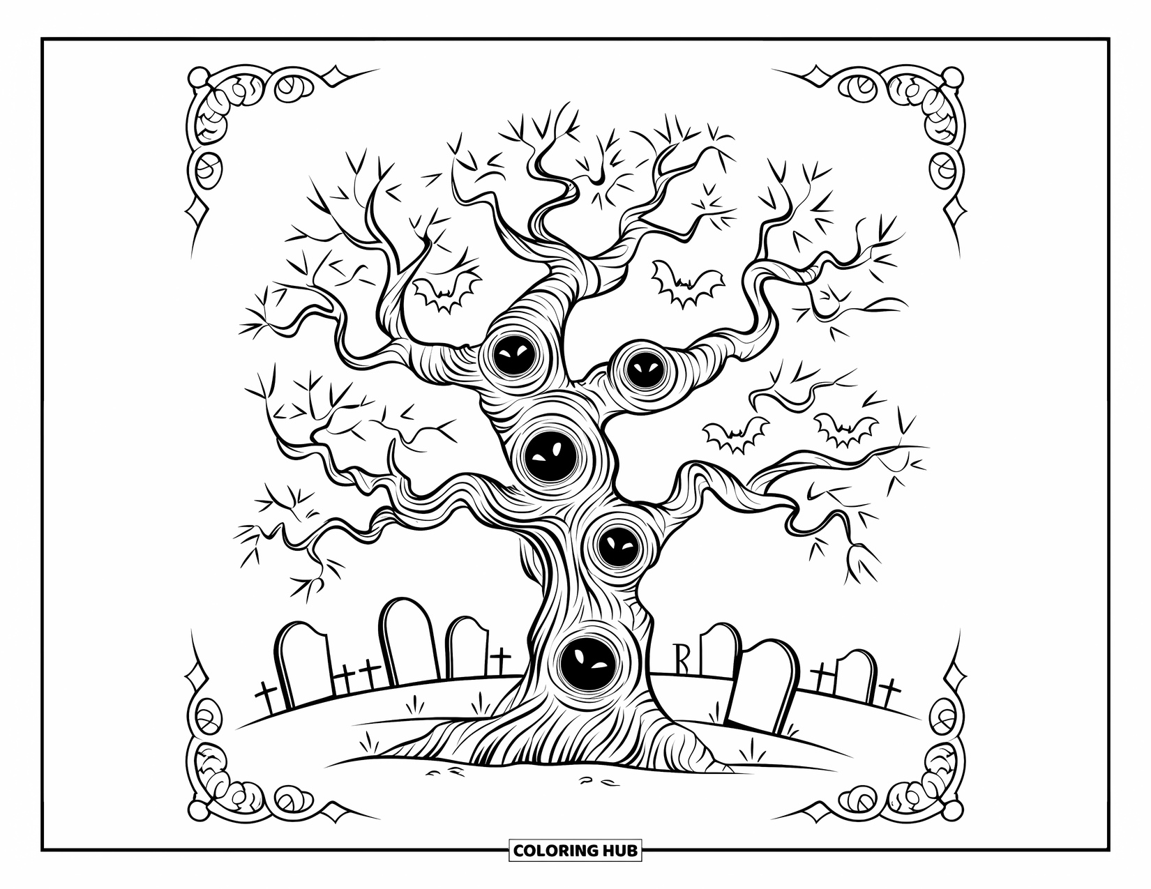 Kolorowanka na Halloween dla dorosłych: Nawiedzone drzewo z sękatymi gałęziami i tajemniczymi świecącymi oczami wyglądającymi przez jego sęki