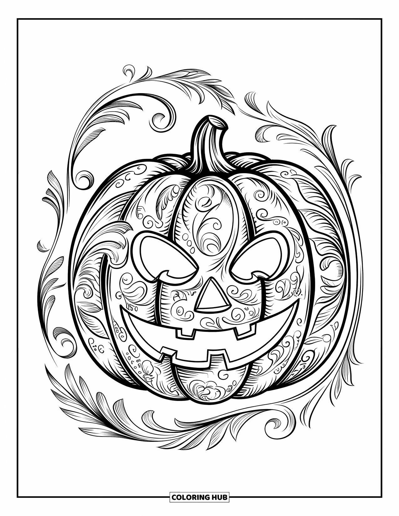 Kolorowanka na Halloween dla dorosłych: Dynia Jack-o'-lantern ze skomplikowanymi kwiatowymi grawerunkami uśmiecha się jasno na tle ciemnego, gwiaździstego nieba