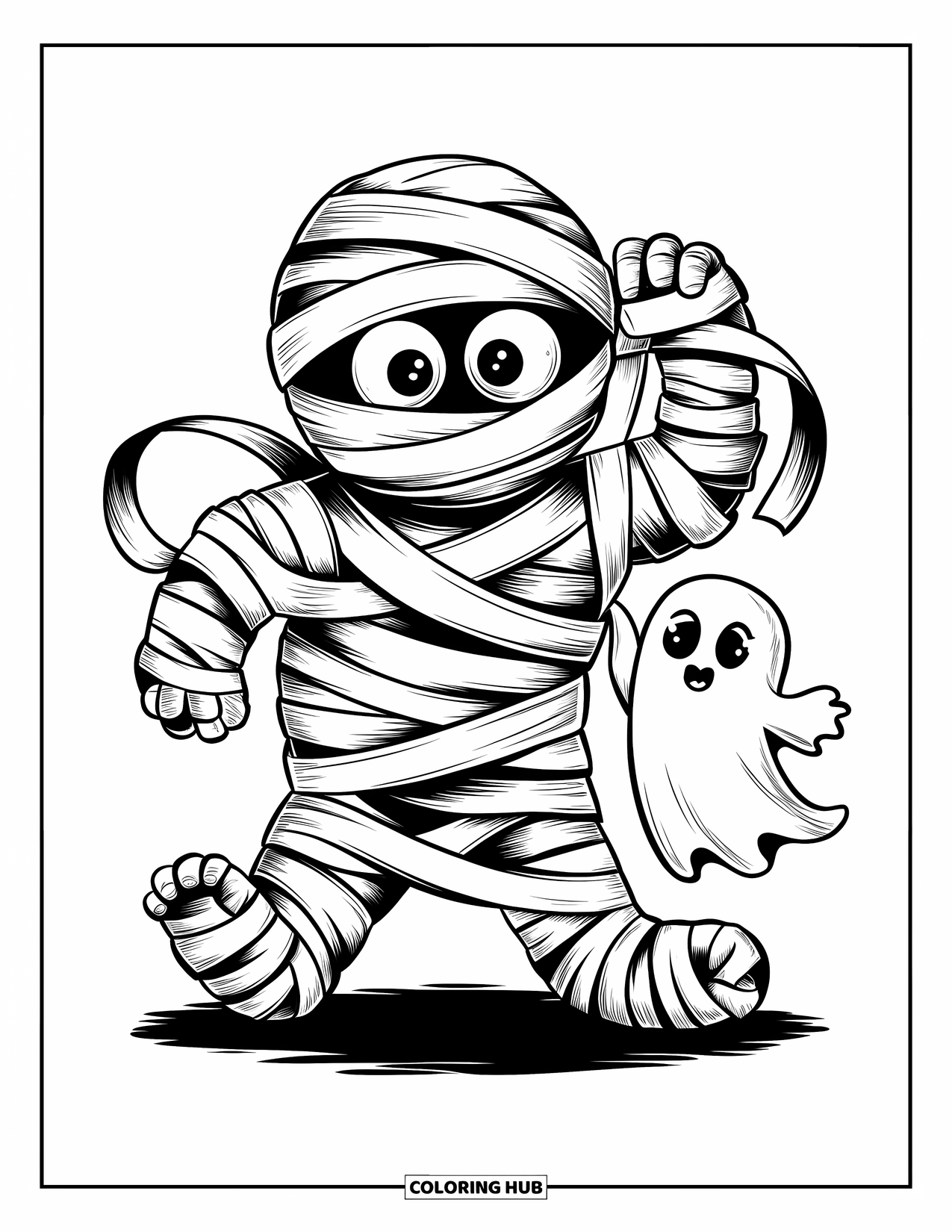 Kolorowanka na Halloween dla dorosłych: Mała czarownica i jej czarny kot spacerują po upiornym, ale czarującym lesie pełnym grzybów