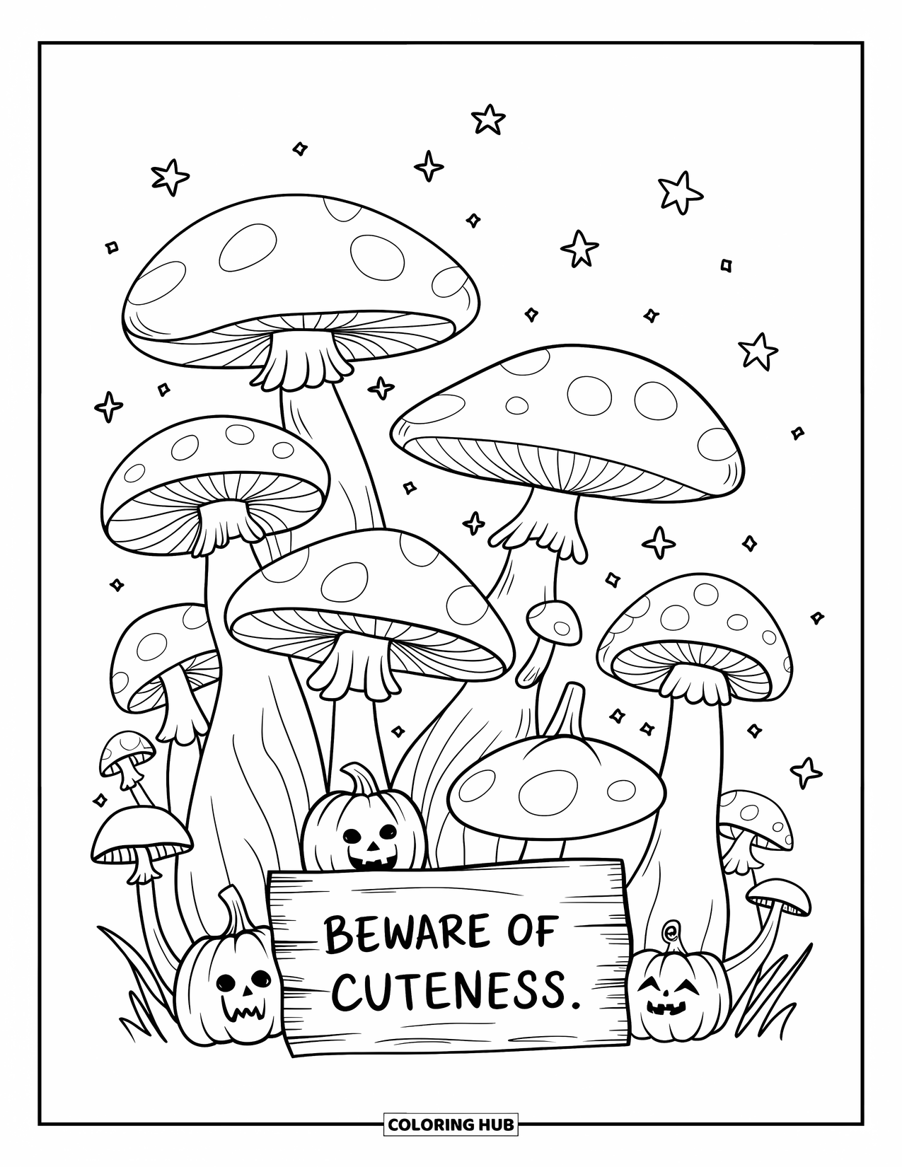 Kolorowanka na Halloween dla dorosłych: Magiczny ogród ze świecącymi grzybami, małymi dyniami jack-o'-lantern i kapryśnym drewnianym znakiem