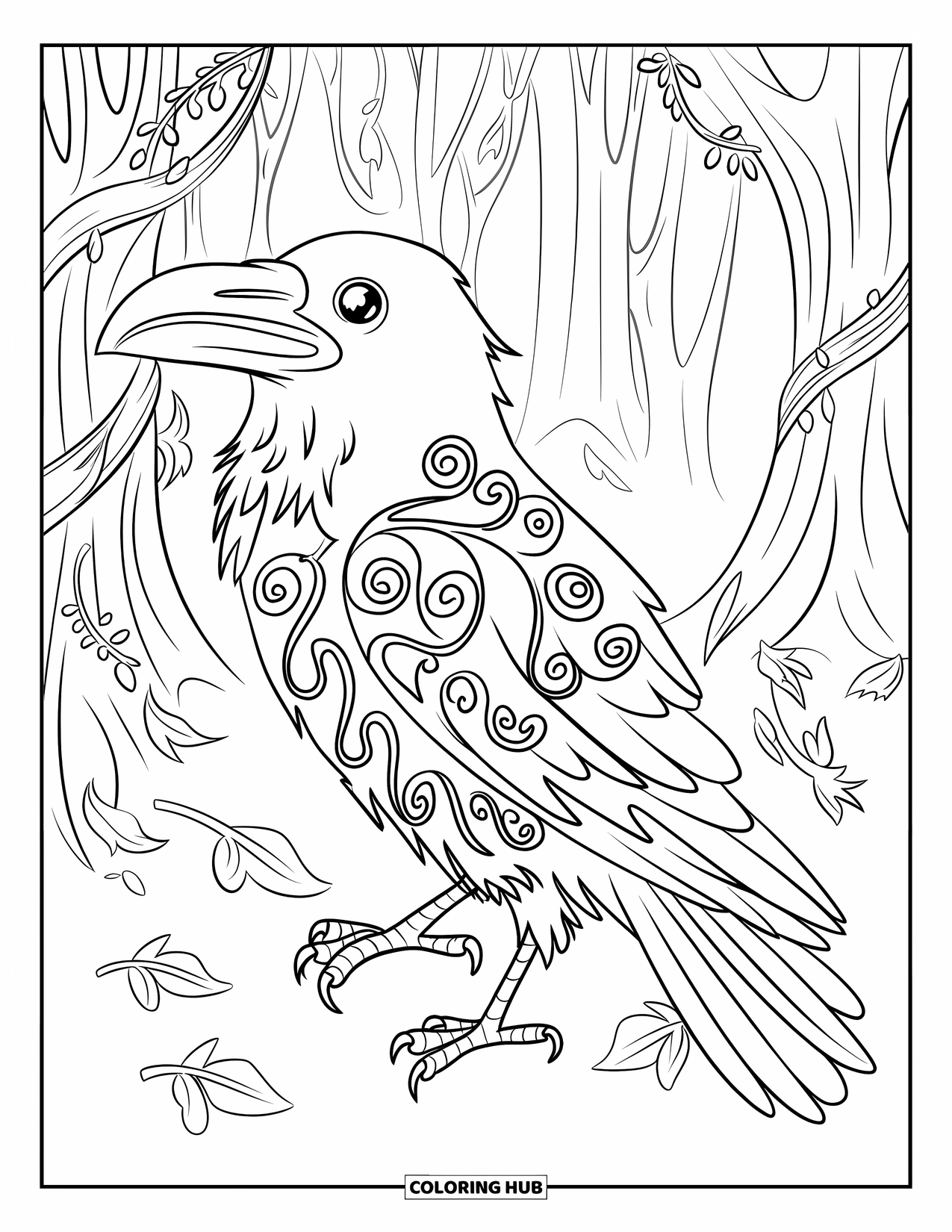 Kolorowanka na Halloween dla dorosłych: Majestatyczny kruk z płynącymi wzorami piór siedzi w porośniętym pnączami lesie
