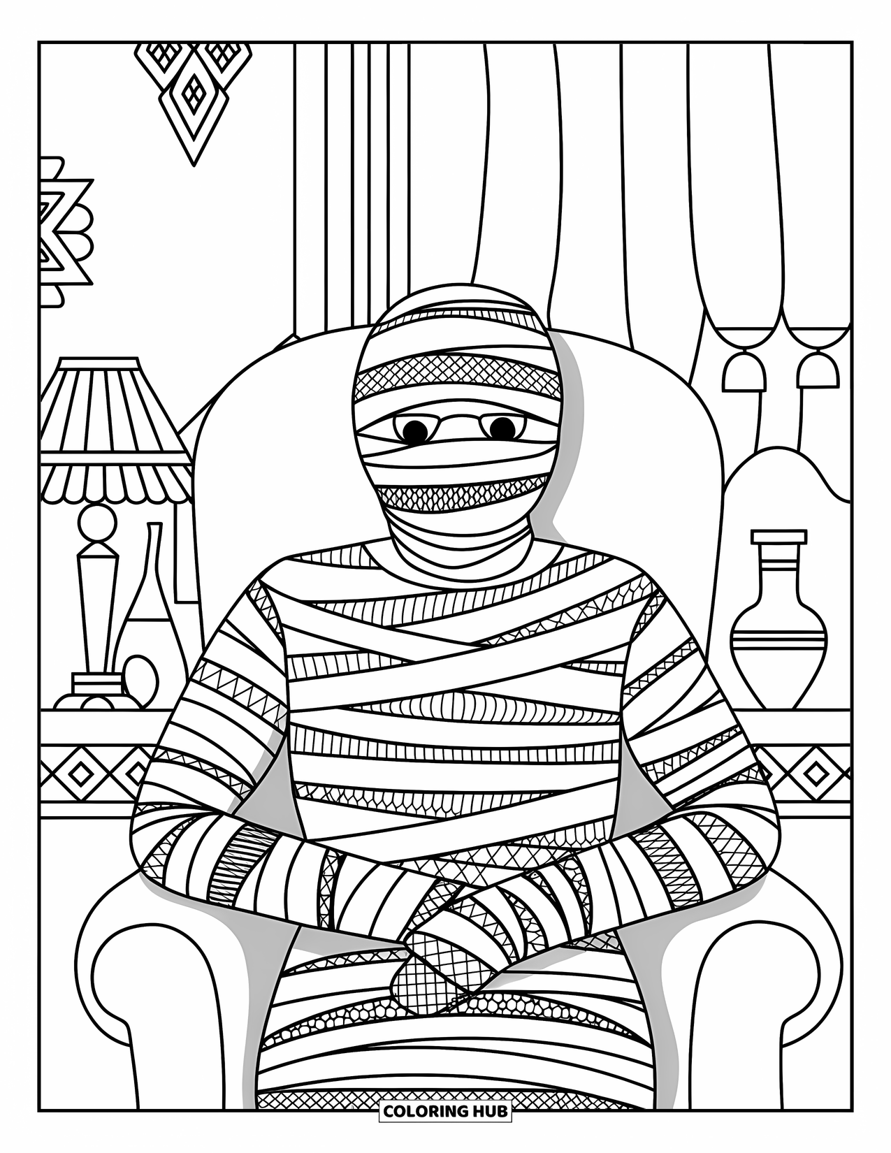 Kolorowanka na Halloween dla dorosłych: Mumia owinięta w delikatne, koronkowe bandaże siedzi w starożytnym pokoju wypełnionym artefaktami