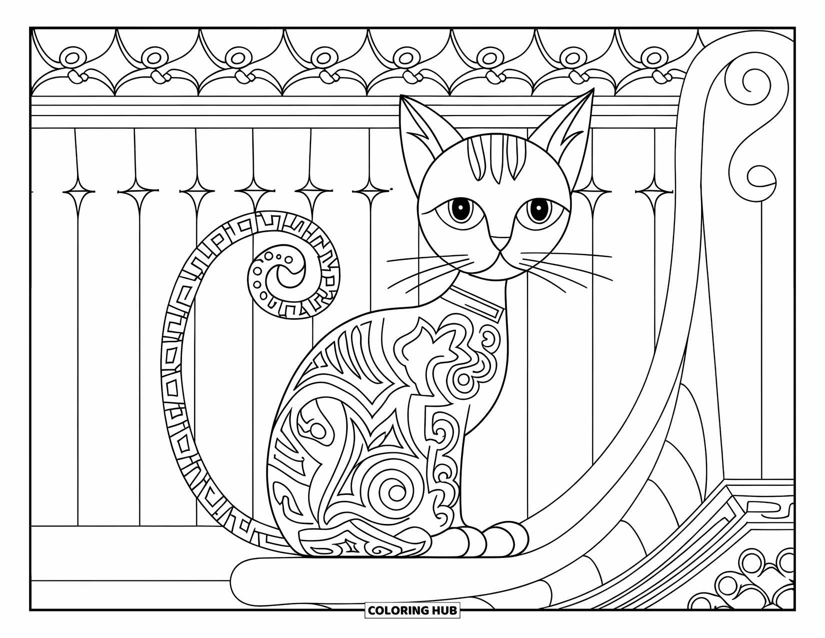 Kolorowanka na Halloween dla dorosłych: Tajemniczy kot z wdzięcznie zakręconym ogonem siedzi na drewnianym krześle w cichym pokoju