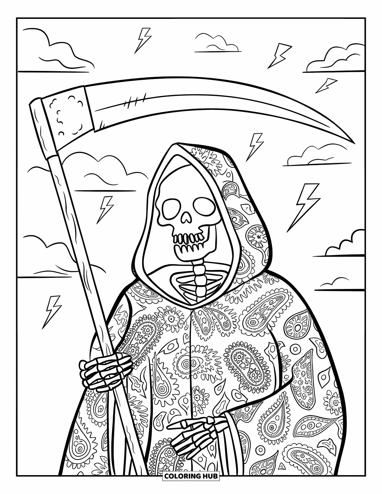 Kolorowanka na Halloween dla dorosłych: Tajemniczy Ponury Żniwiarz z wirującym płaszczem paisley stoi pod burzliwym niebem