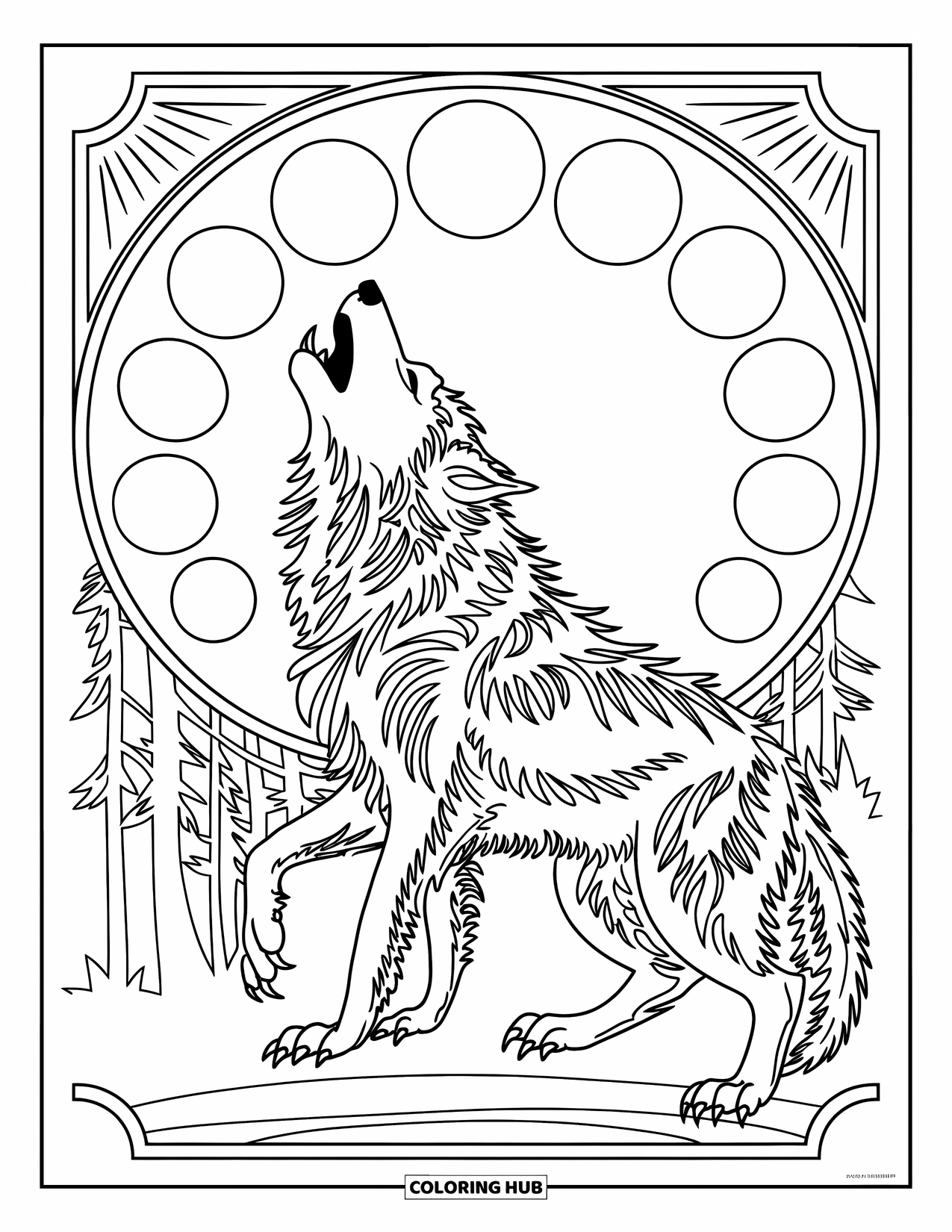 Kolorowanka na Halloween dla dorosłych: Potężny wilkołak siedzi w kręgu faz księżyca, a jego futro jest ozdobione eleganckimi wzorami