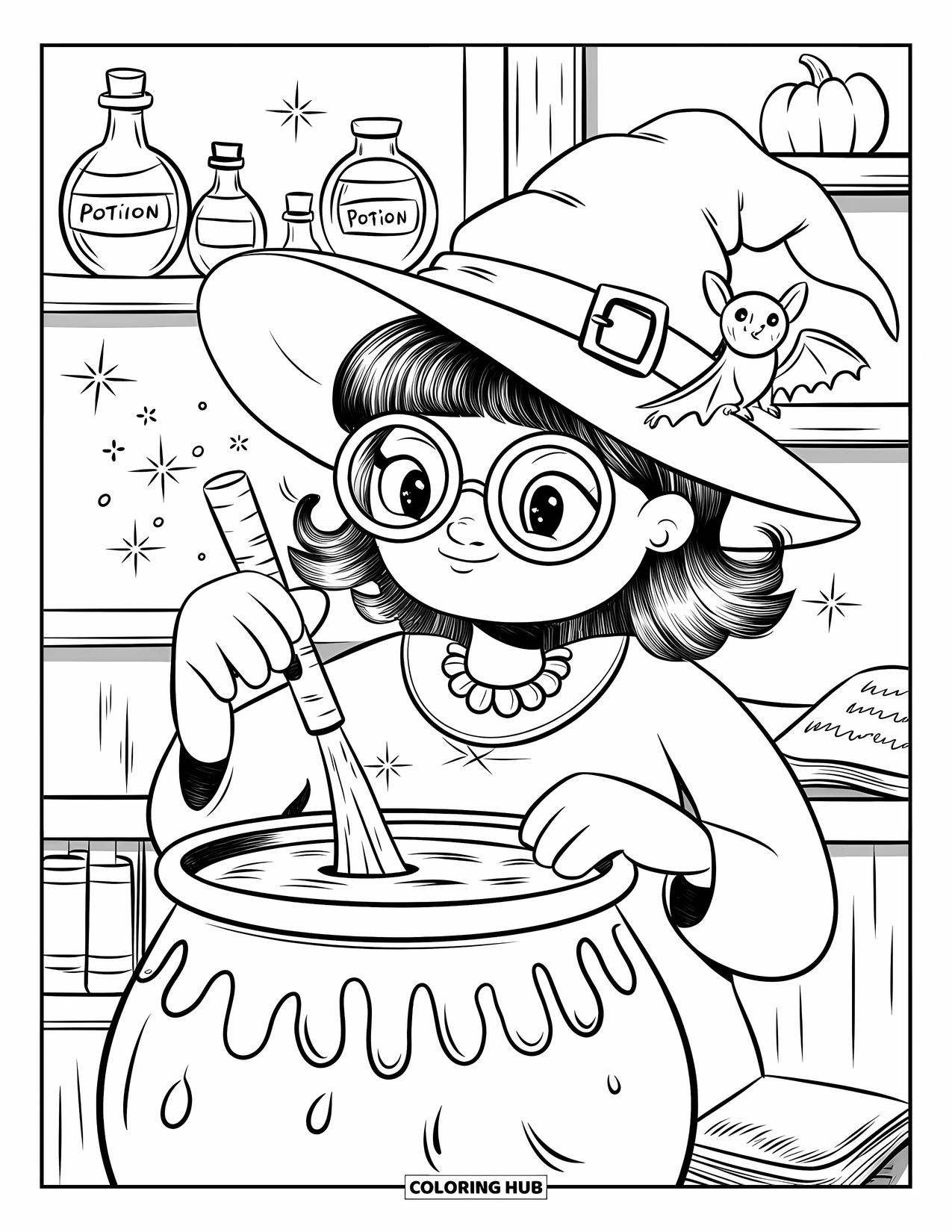 Kolorowanka na Halloween dla dorosłych: Stos dyń z małymi kłami, ciekawski nietoperz i kot w czapce czarownicy