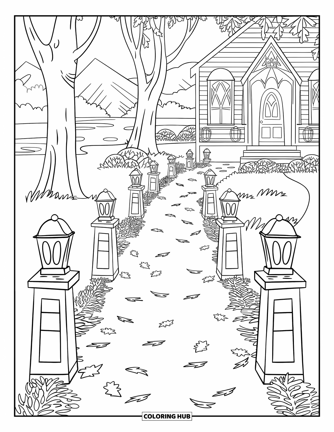 Kolorowanka na Halloween dla dorosłych: Cicha, obsadzona drzewami ścieżka pokryta opadłymi liśćmi prowadząca do przytulnego, oświetlonego lampionami domu