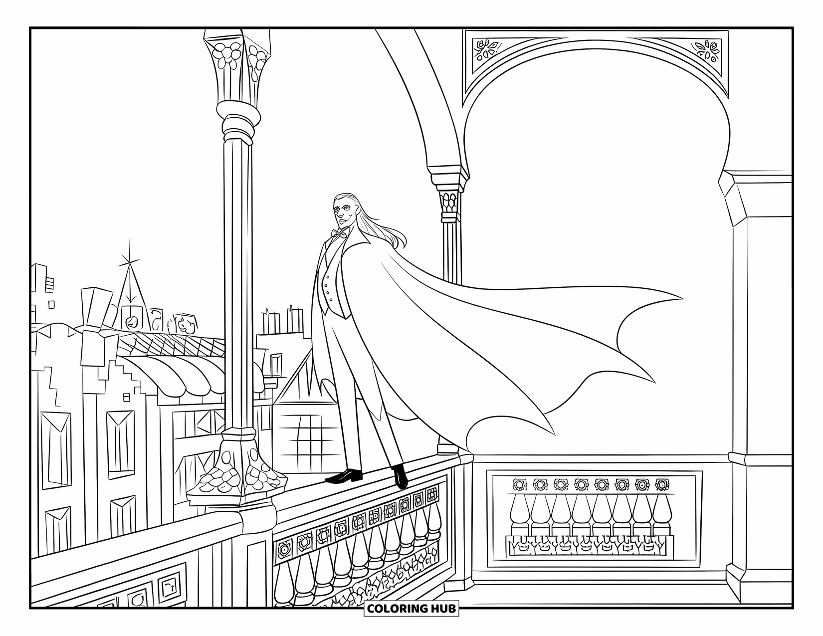 Kolorowanka na Halloween dla dorosłych: Królewski wampir stoi na balkonie w stylu gotyckim, obserwując miasto iglic i mostów