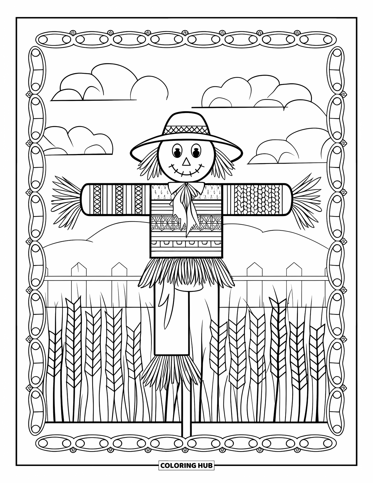 Kolorowanka na Halloween dla dorosłych: Strach na wróble w kapeluszu stoi na bujnym polu, otoczony roślinami i drewnianym płotem