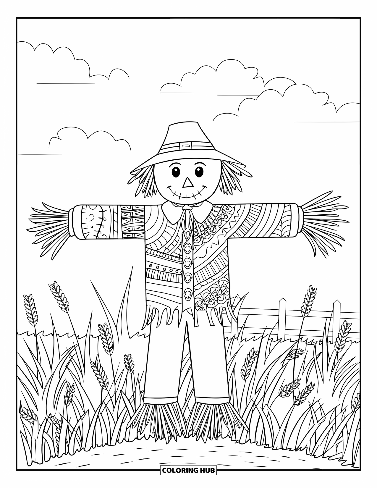 Kolorowanka na Halloween dla dorosłych: Strach na wróble z przyszywanym uśmiechem i wzorzystym słomianym ciałem stoi na trawiastym polu