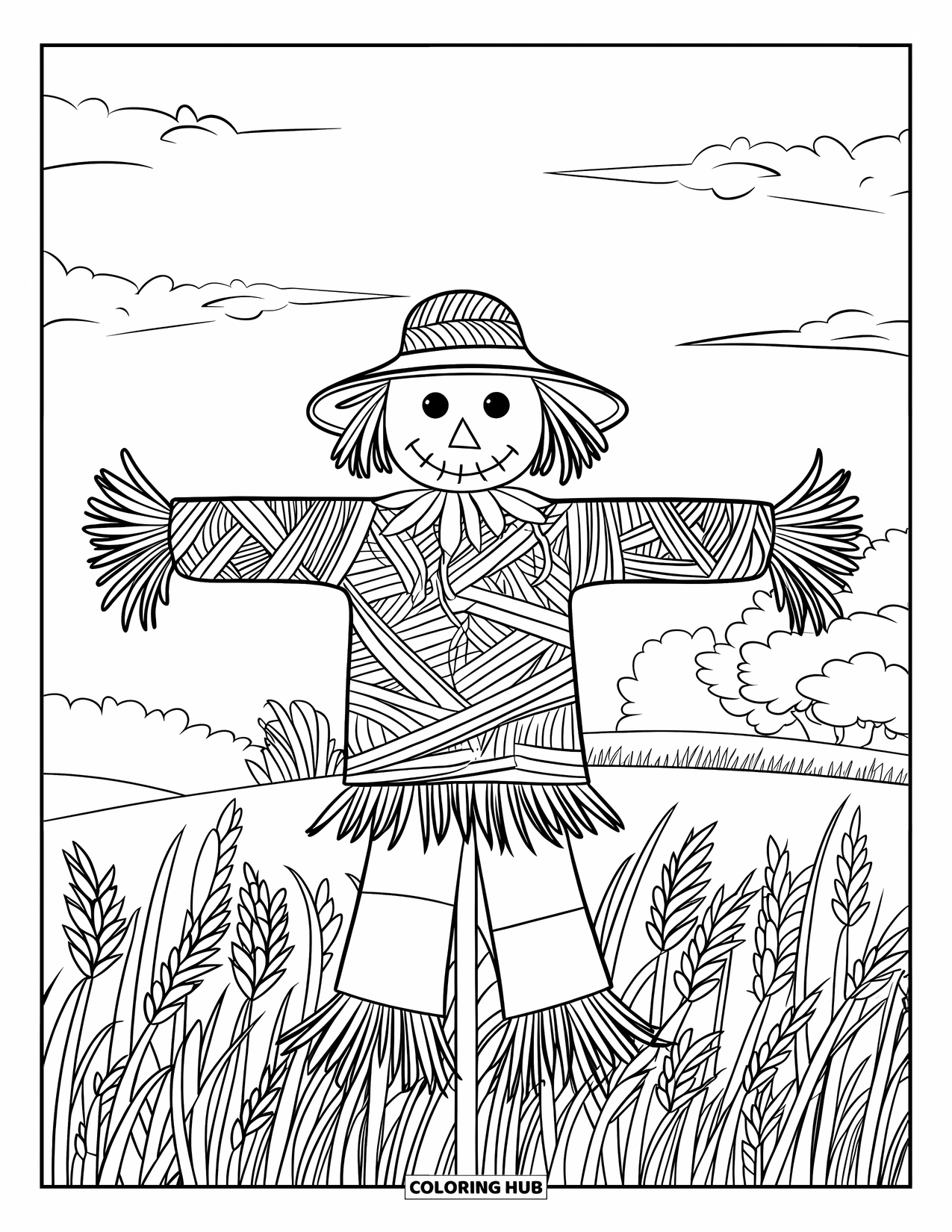 Kolorowanka na Halloween dla dorosłych: Strach na wróble ze skomplikowanymi tkanymi wzorami stoi na polu wysokiej, kołyszącej się trawy
