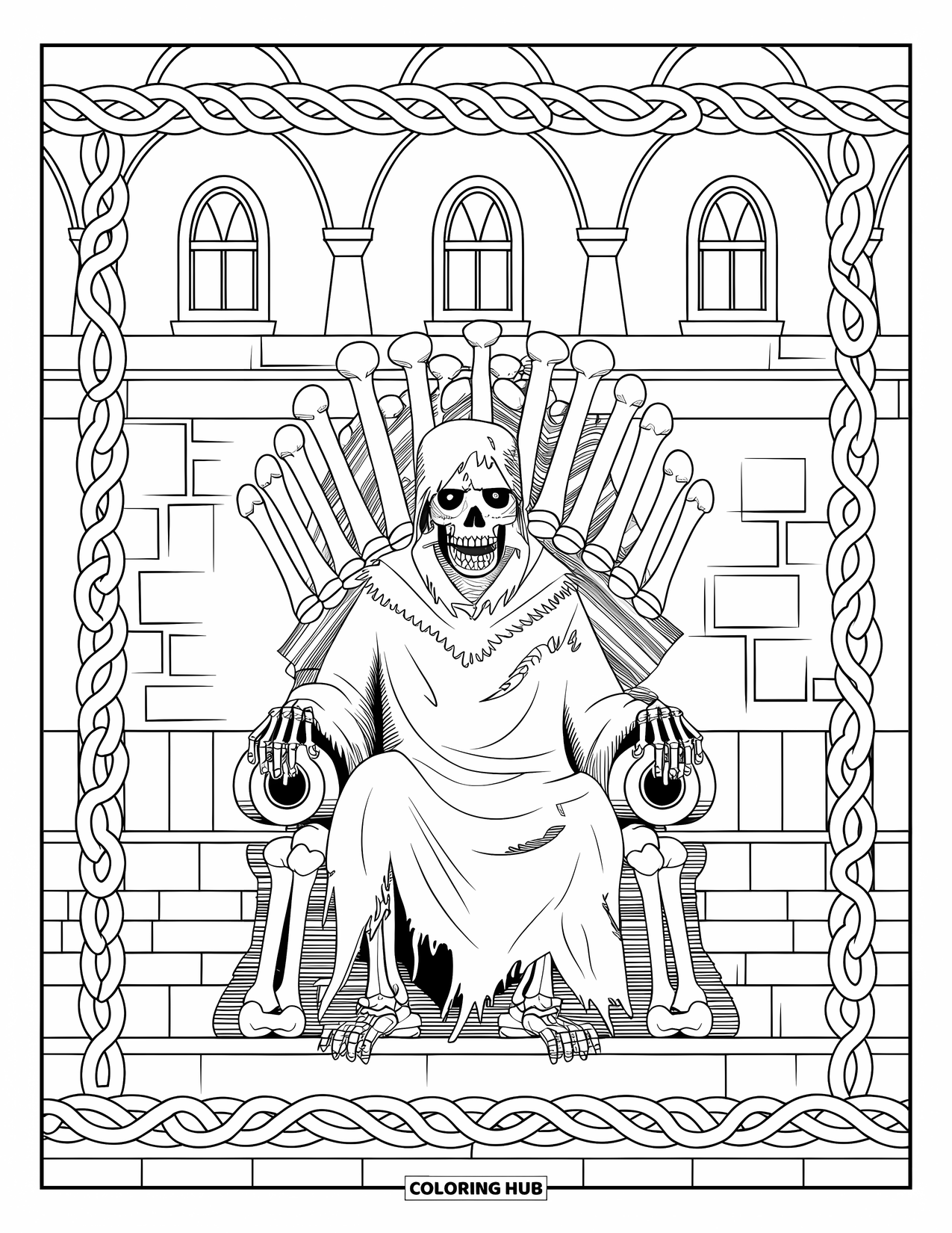 Kolorowanka na Halloween dla dorosłych: Szkieletowy król zombie z koroną z czaszki spoczywa na tronie z kości