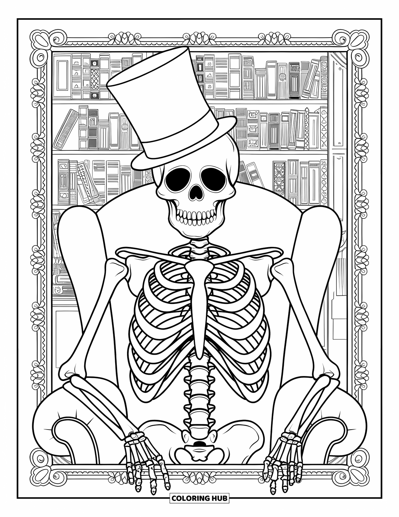 Kolorowanka na Halloween dla dorosłych: Szkielet ze skomplikowanymi koronkowymi wzorami siedzi w wielkiej wiktoriańskiej rezydencji wypełnionej starymi książkami