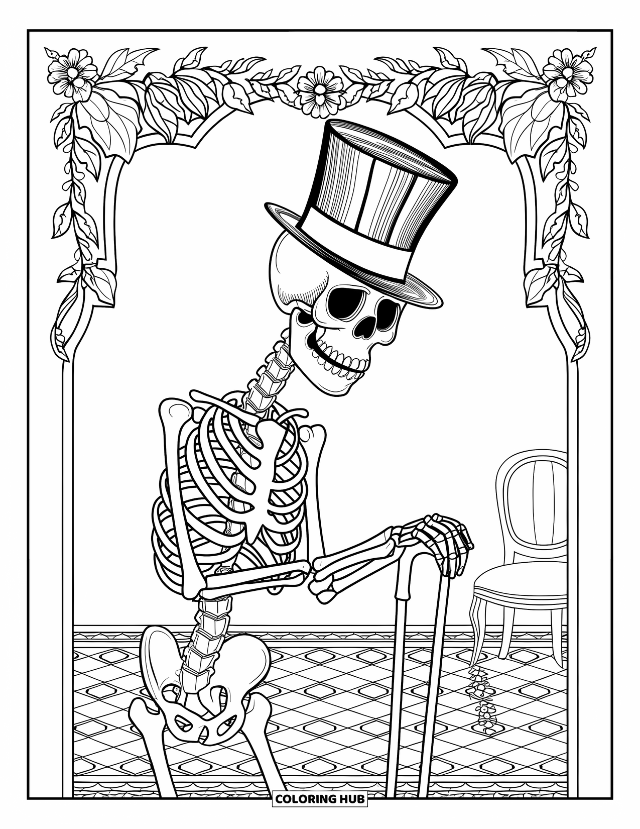 Kolorowanka na Halloween dla dorosłych: Szkielet z koronkowymi wzorami i cylindrem siedzi w pokoju w stylu wiktoriańskim