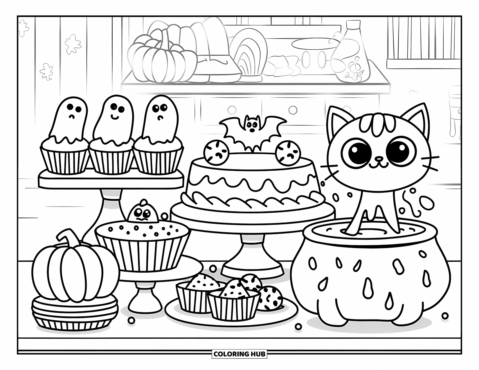 Kolorowanka na Halloween dla dorosłych: Mały kot w czapce czarownicy obserwuje, jak na wystawie leżą upiorne ciasto i babeczki z duszkami