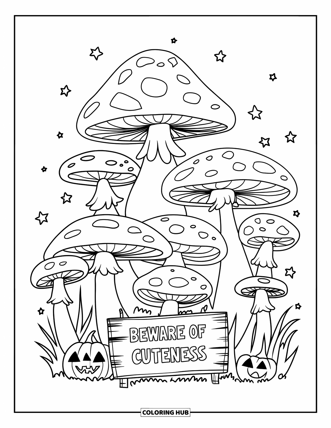 Kolorowanka na Halloween dla dorosłych: Straszno-uroczy ogród ze świecącymi grzybami, unoszącymi się gwiazdami i małym znakiem ostrzegawczym