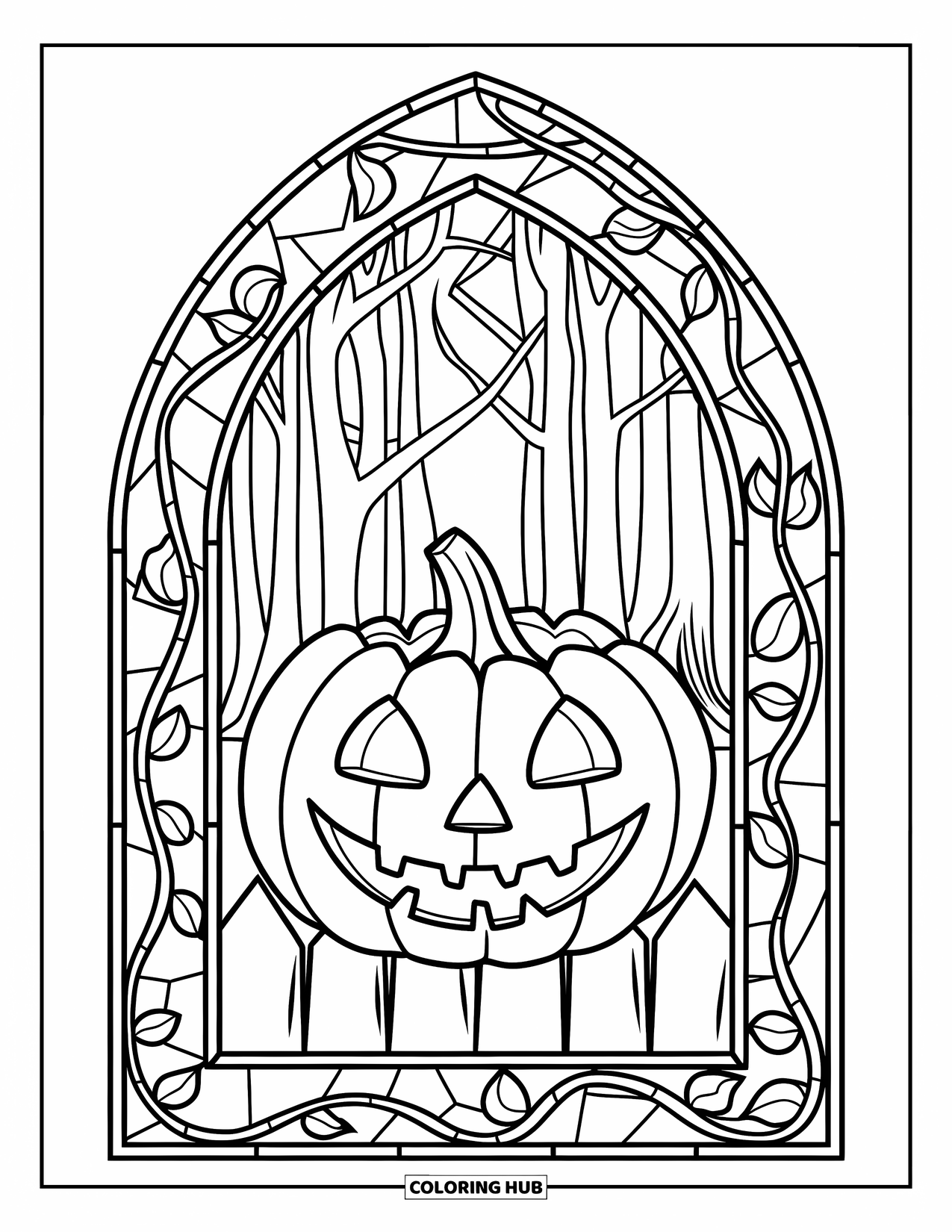 Kolorowanka na Halloween dla dorosłych: Upiorne witraże z rzeźbioną dynią Jack-o'-lantern spoczywającą na drewnianym płocie