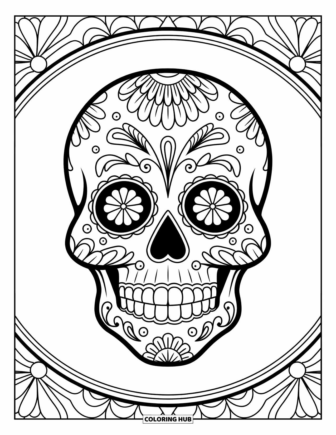 Kolorowanka na Halloween dla dorosłych: Cukrowa czaszka ozdobiona kwiatowymi wzorami, delikatnym filigranem i skomplikowanymi wirującymi detalami
