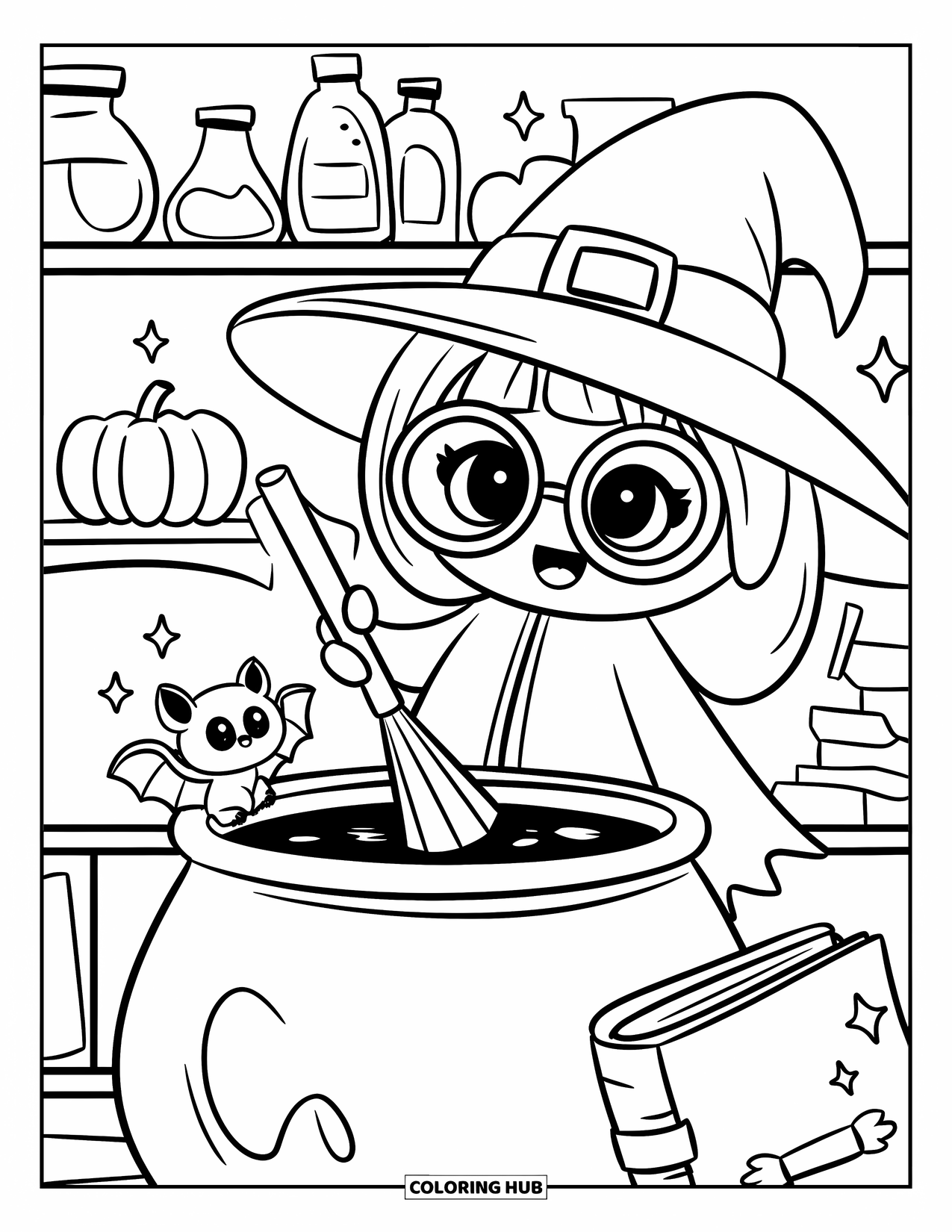 Kolorowanka na Halloween dla dorosłych: Mały nietoperz siedzi na bulgoczącym kotle, a młoda czarownica ostrożnie miesza swój eliksir