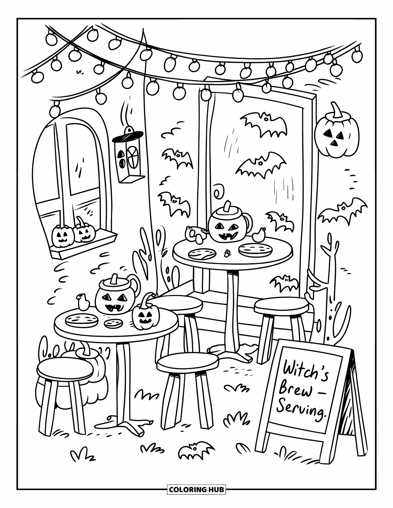 Kolorowanka na Halloween dla dorosłych: Mała kawiarnia na Halloween z tematycznymi smakołykami, ciepłymi napojami i uroczym szyldem "Witchís Brew"