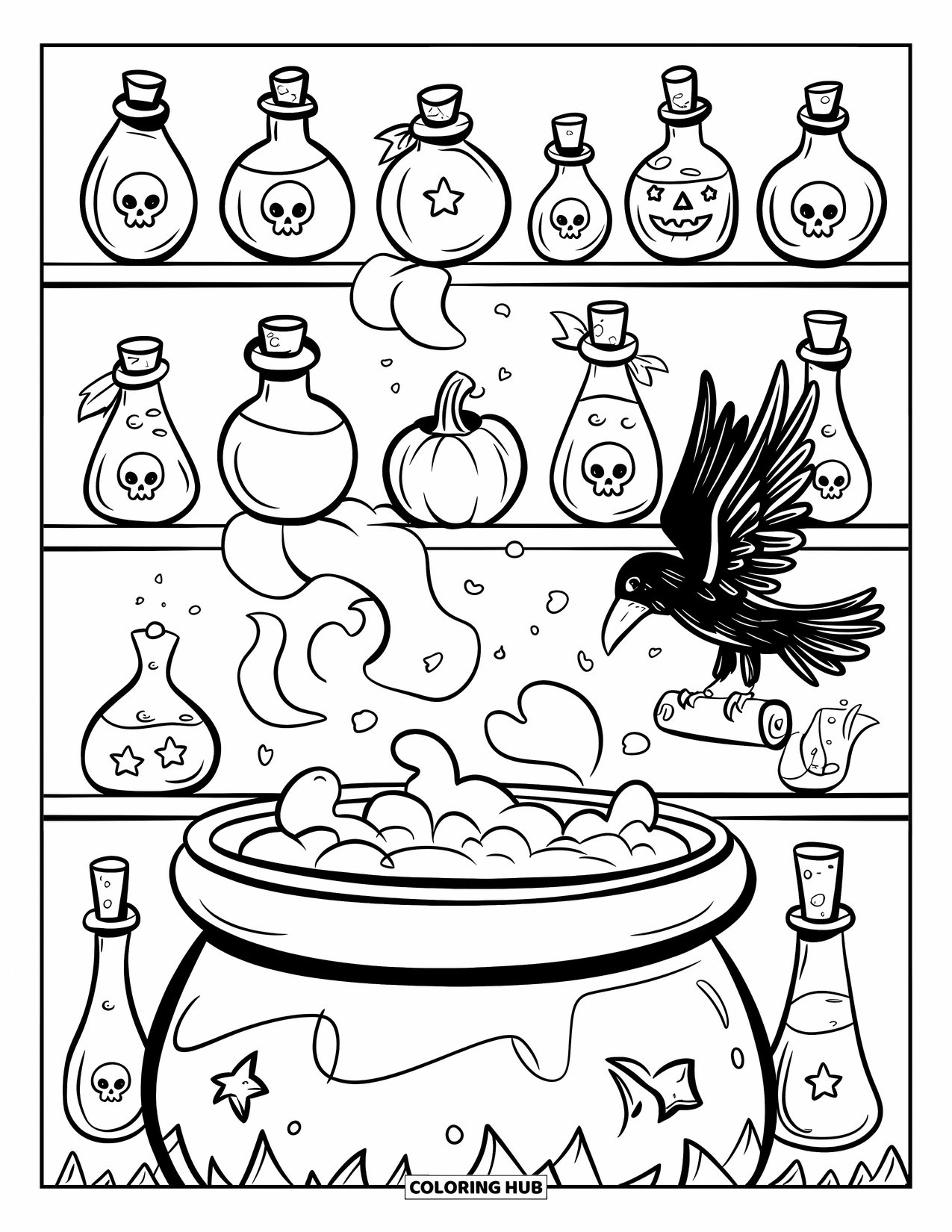 Kolorowanka na Halloween dla dorosłych: Mała czarownica leci na miotle pod księżycem, a jej czarny kot uczepia się z tyłu