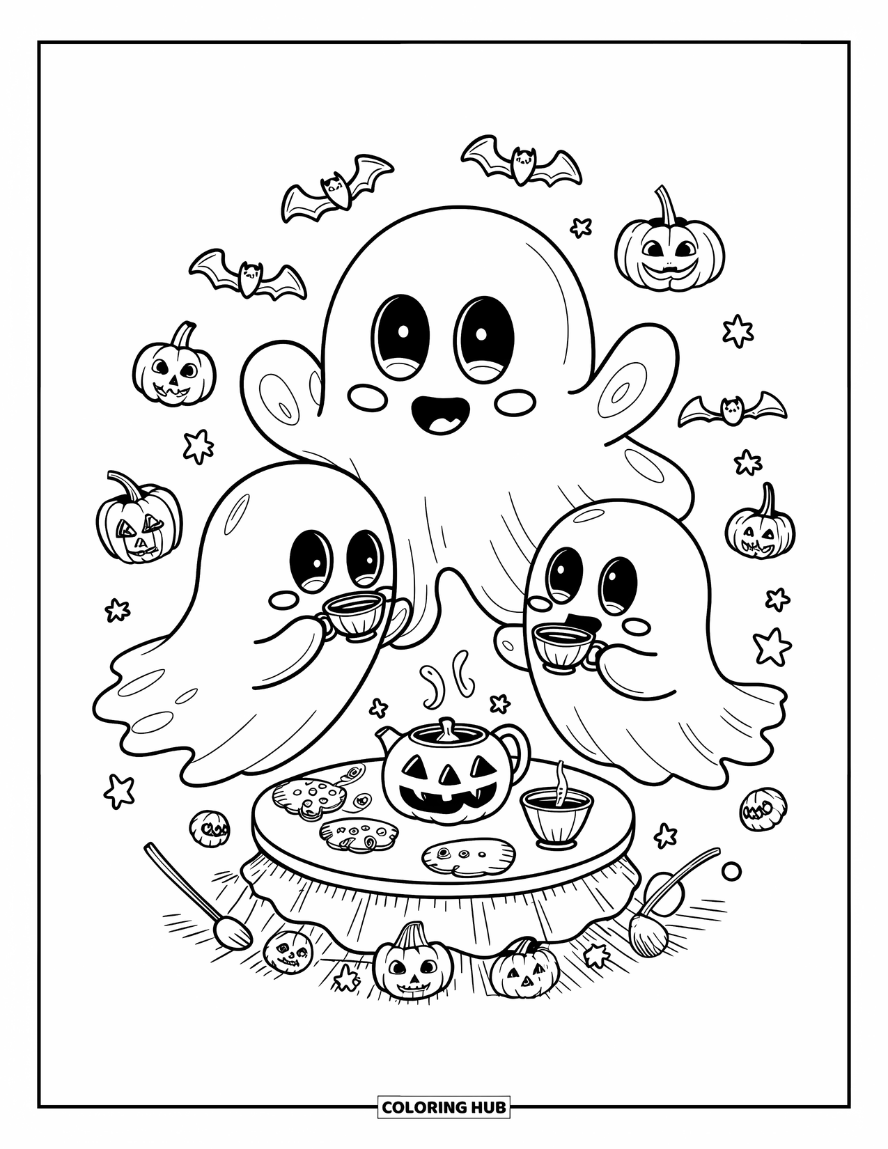 Kolorowanka na Halloween dla dorosłych: Mała czarownica z dużymi okularami miesza eliksir, a ciekawy nietoperz obserwuje z bliska
