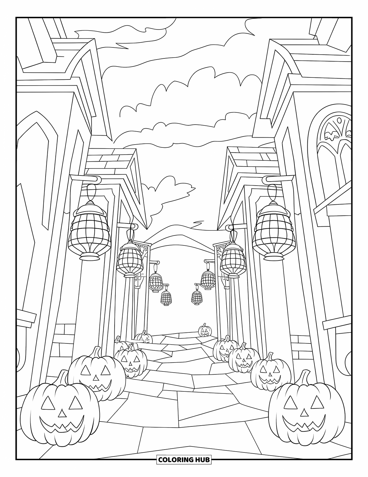Kolorowanka na Halloween dla dorosłych: Ścieżka cukierek albo psikus oświetlona lampionami, otoczona gotyckimi budynkami z upiornymi rzeźbieniami