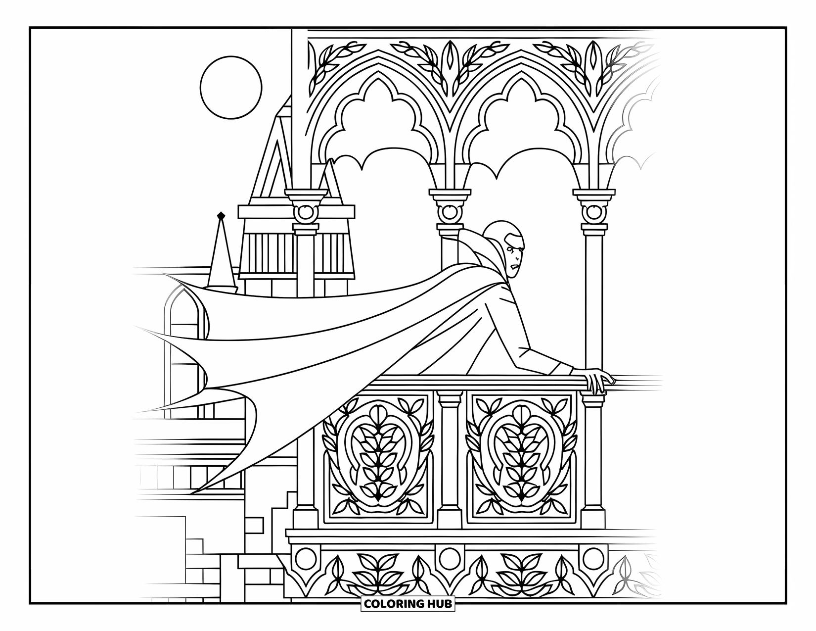 Kolorowanka na Halloween dla dorosłych: Wampir w dramatycznej pelerynie spogląda z ozdobnego balkonu otoczonego gotyckimi wieżami