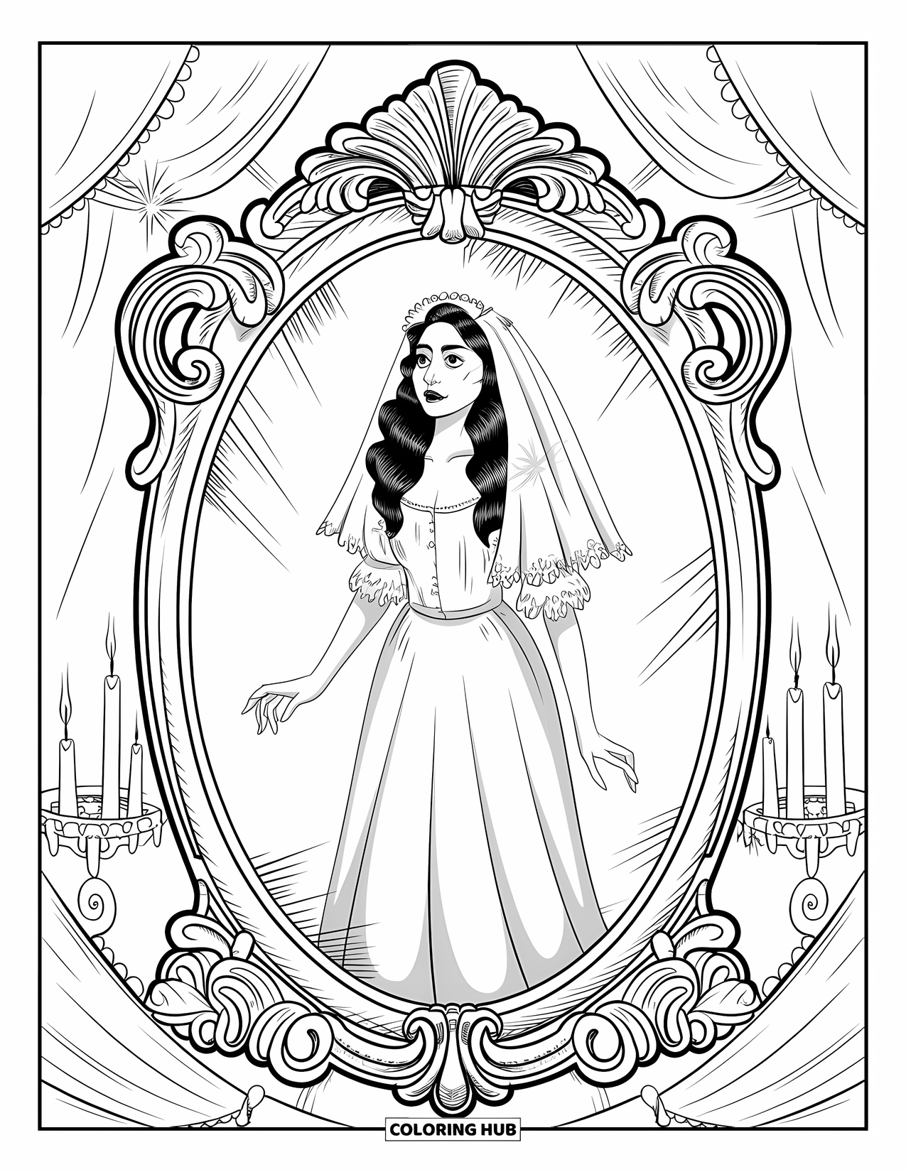 Kolorowanka na Halloween dla dorosłych: Wiktoriańska panna młoda-duch z naszyjnikiem z pereł wyłania się ze skomplikowanie zaprojektowanego lustra