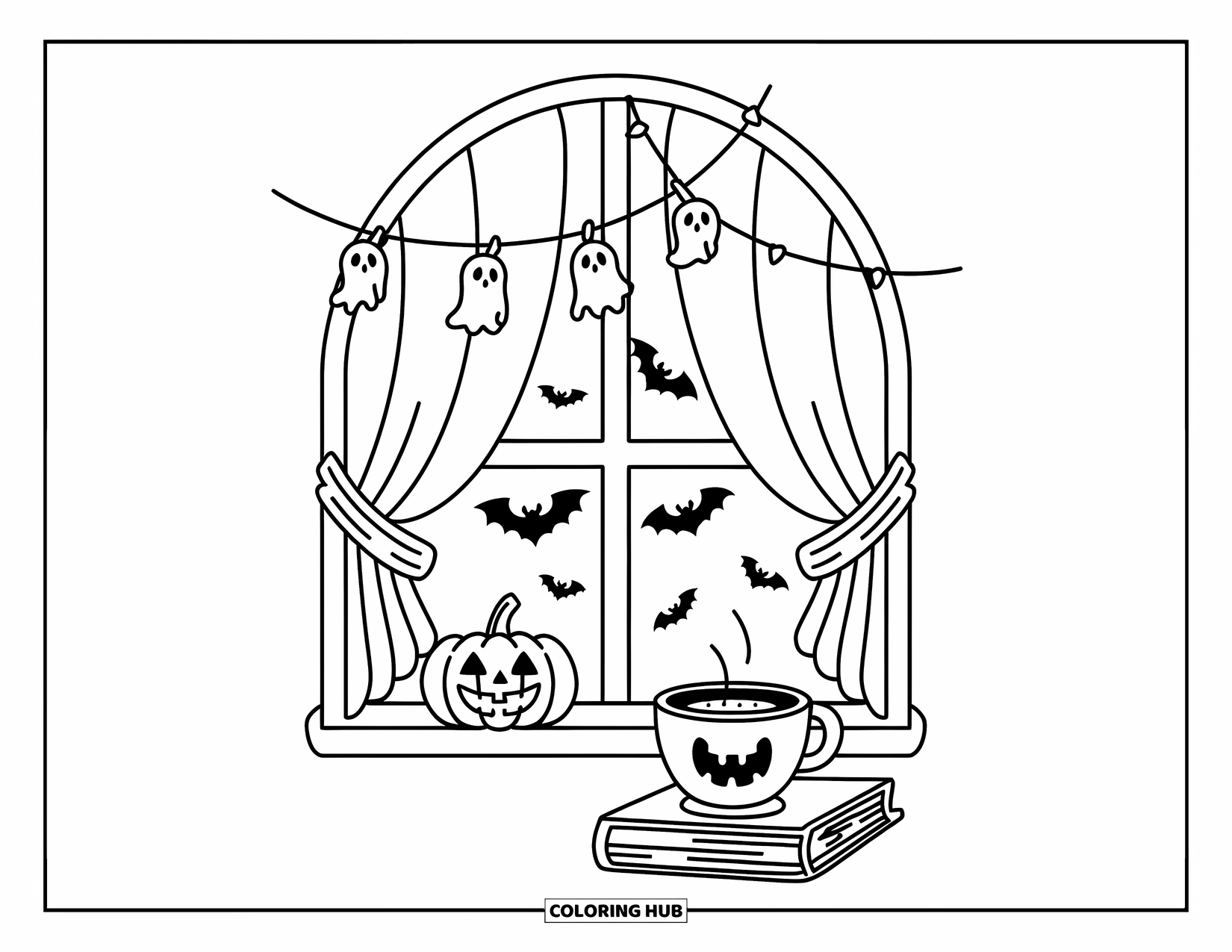 Kolorowanka na Halloween dla dorosłych: Ciepła scena w oknie z dynią jack-o'-lantern, girlandami duchów i filiżanką przyprawy dyniowej
