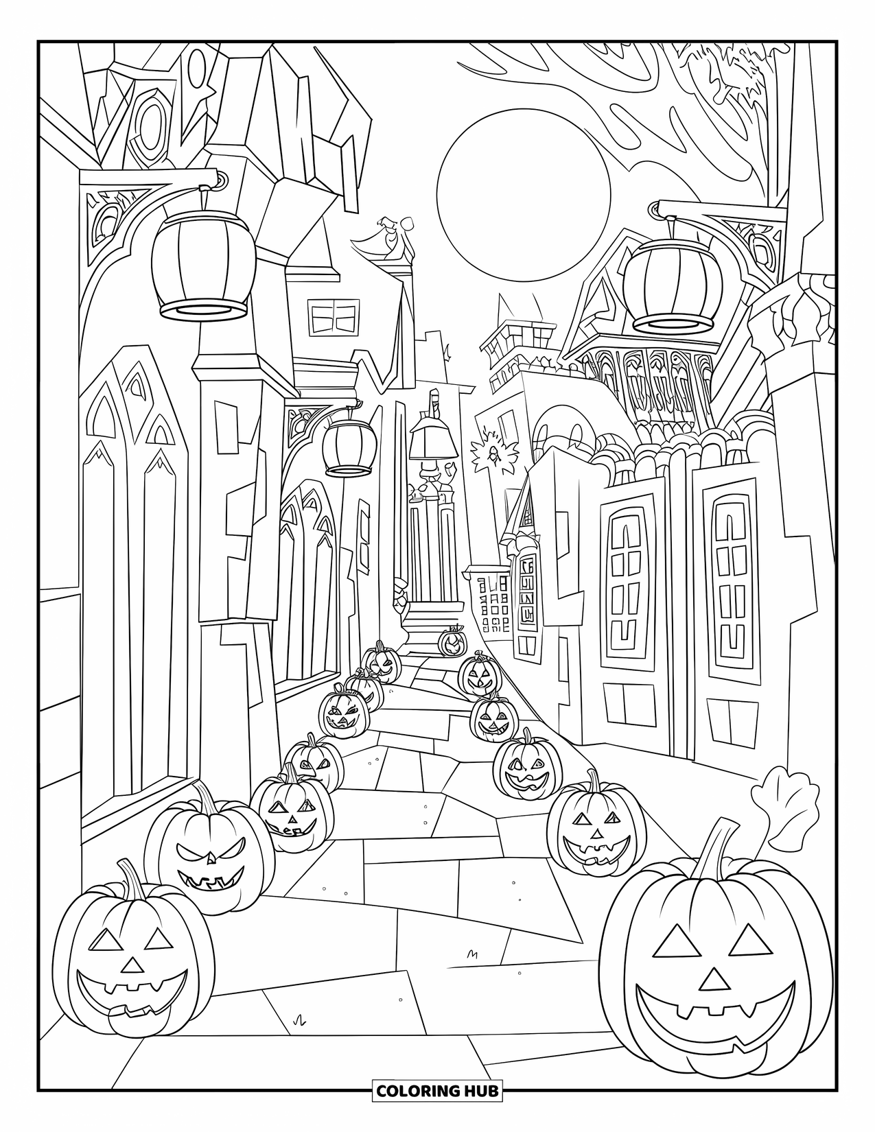 Kolorowanka na Halloween dla dorosłych: Kręta ścieżka obsadzona lampionami i gotyckimi budynkami prowadzi do upiornej przygody z cukierek albo psikus