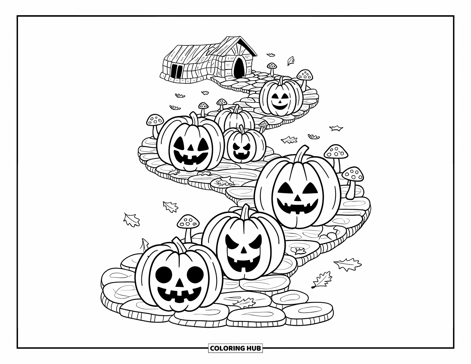 Kolorowanka na Halloween dla dorosłych: Kręta kamienna ścieżka obsadzona świecącymi dyniami Jack-o'-lantern, małymi grzybami i opadłymi liśćmi