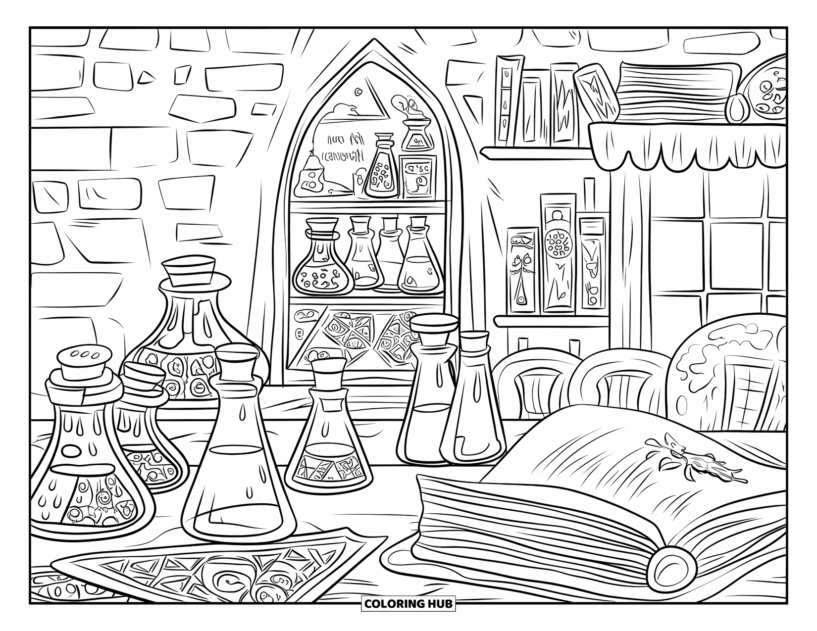 Kolorowanka na Halloween dla dorosłych: Apteka czarownicy wypełniona butelkami z eliksirami, księgami zaklęć i bulgoczącym kotłem na stole